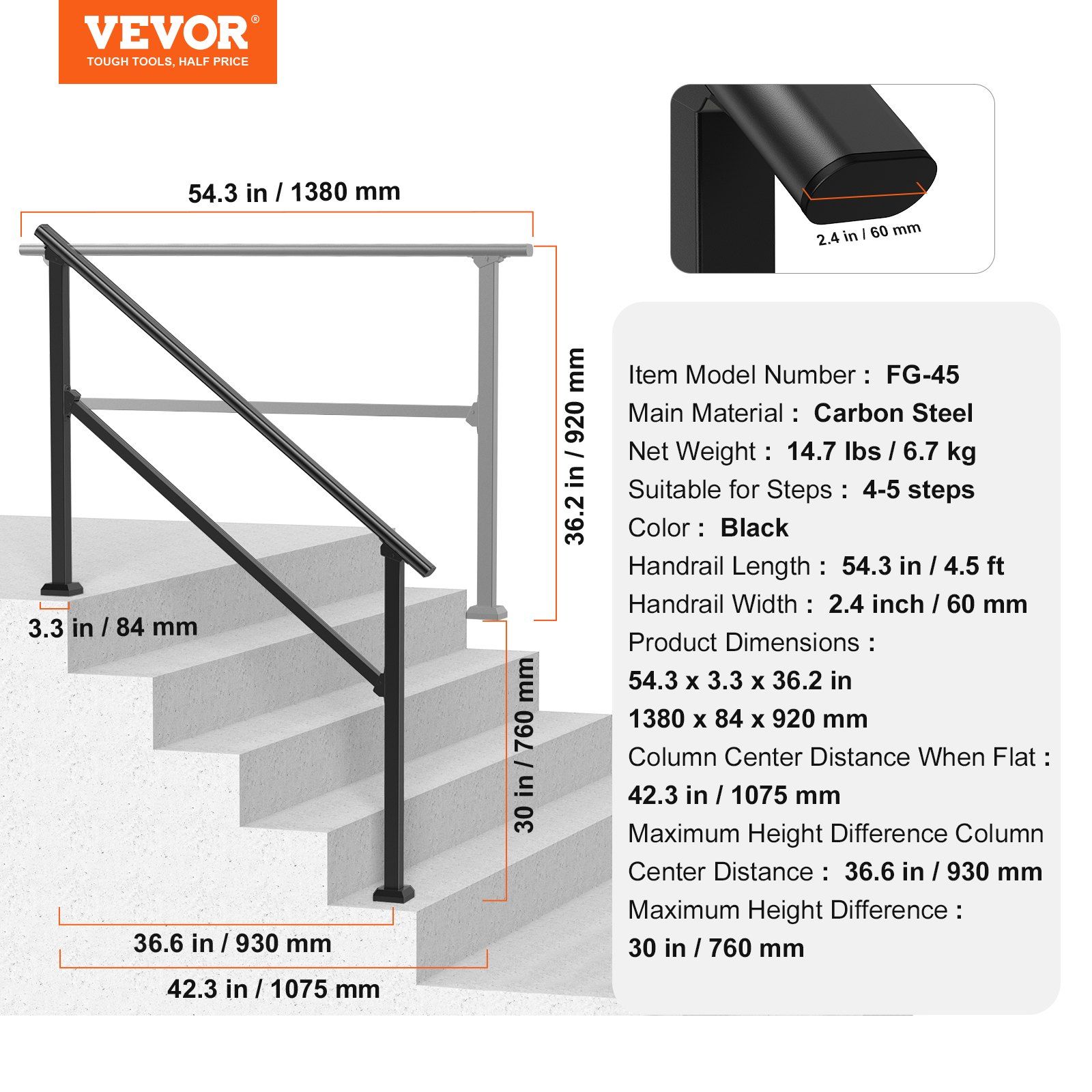 Handrails for Outdoor Steps, 4-5 Step Stair Hand Rail Kit, Transitional Carbon Steel Railings with Installation Kit, Stair Rails for Seniors, Concrete Steps & Porch & Deck, Black Square Tube - Image 7