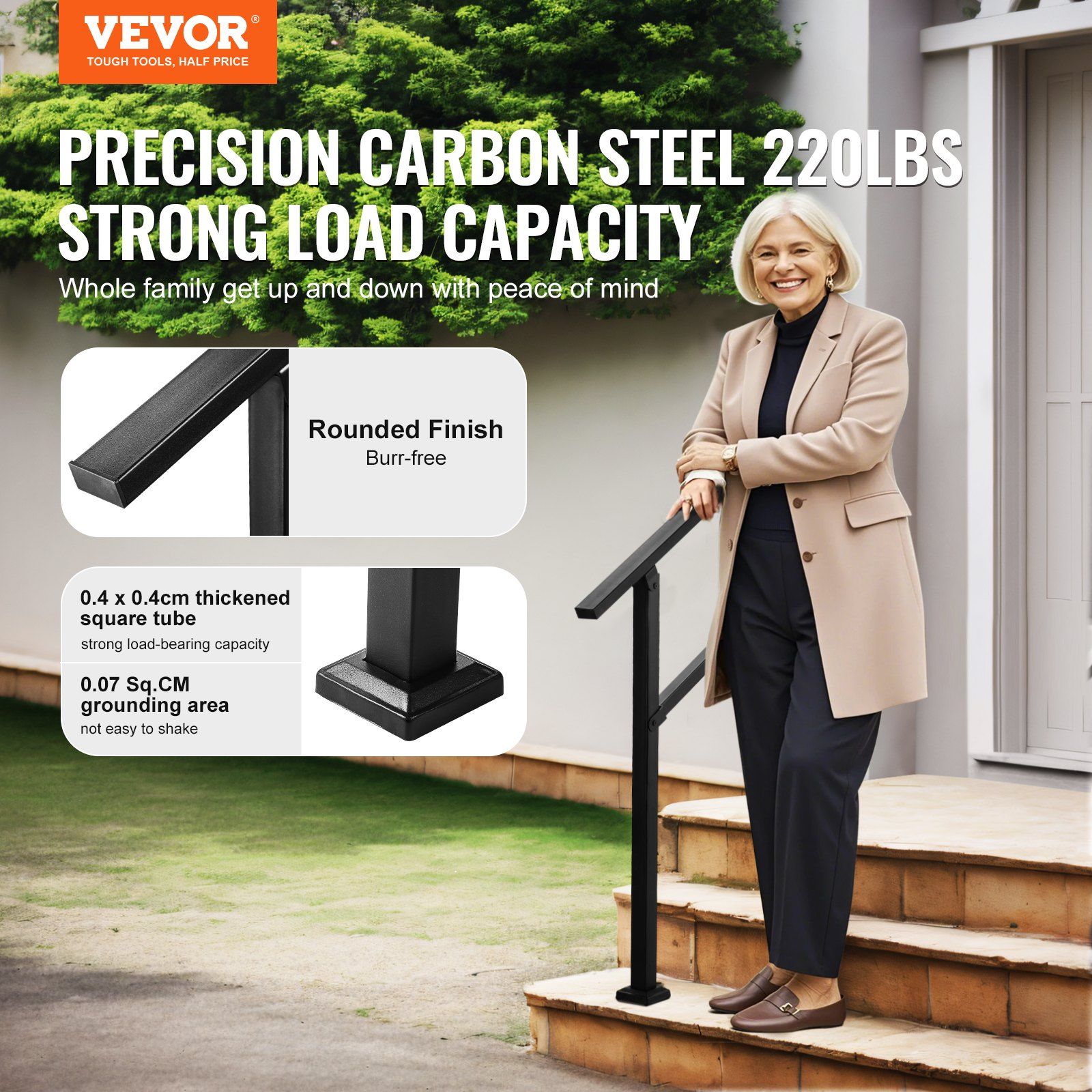Outdoor Handrails for Steps, 2-3 Step Stair Rail Kit, Black Square Tube with Horizontal Bar, Carbon Steel Support Rails for Seniors, Concrete & Deck Stairs, Easy Installation - Image 2