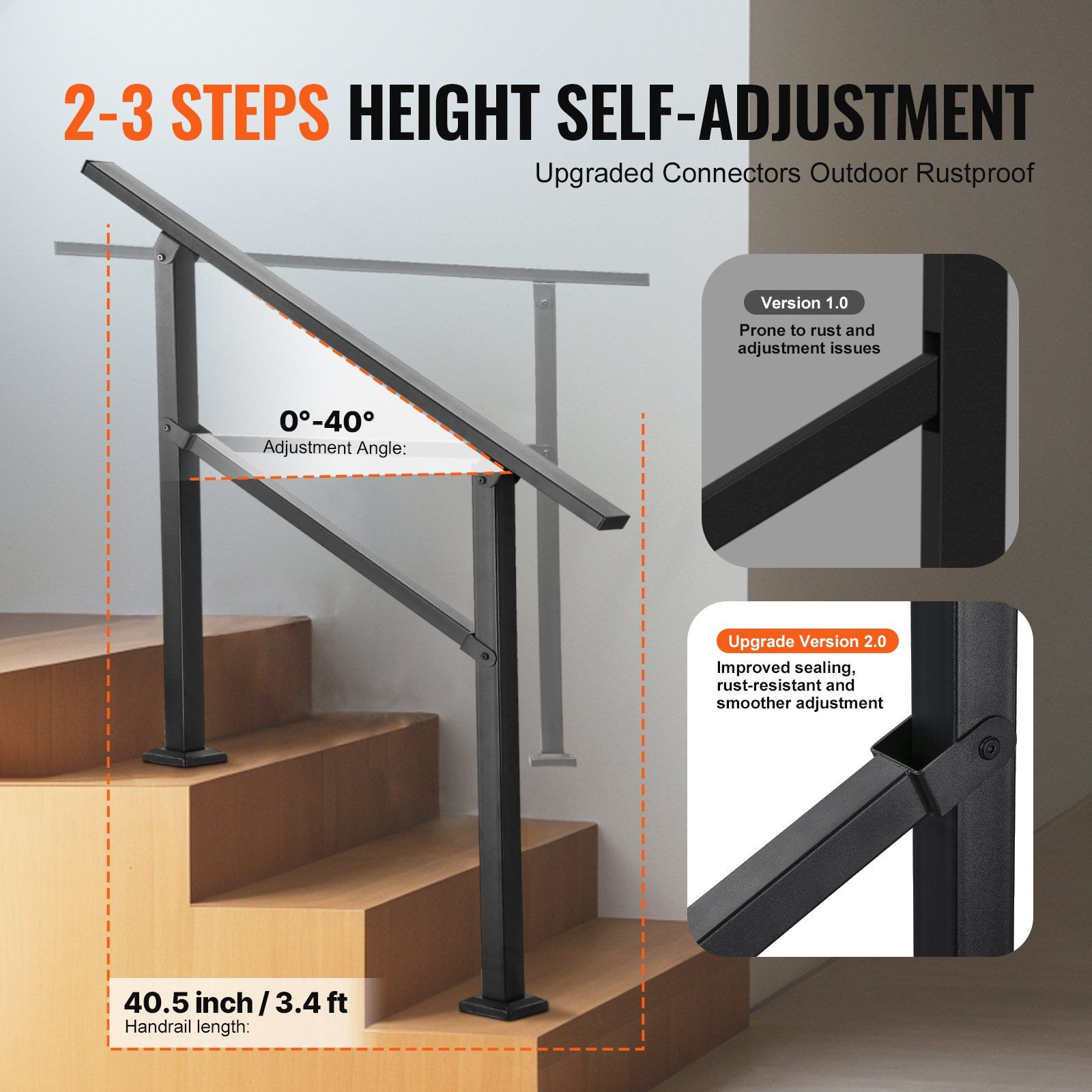 Outdoor Handrails for Steps, 2-3 Step Stair Rail Kit, Black Square Tube with Horizontal Bar, Carbon Steel Support Rails for Seniors, Concrete & Deck Stairs, Easy Installation - Image 3