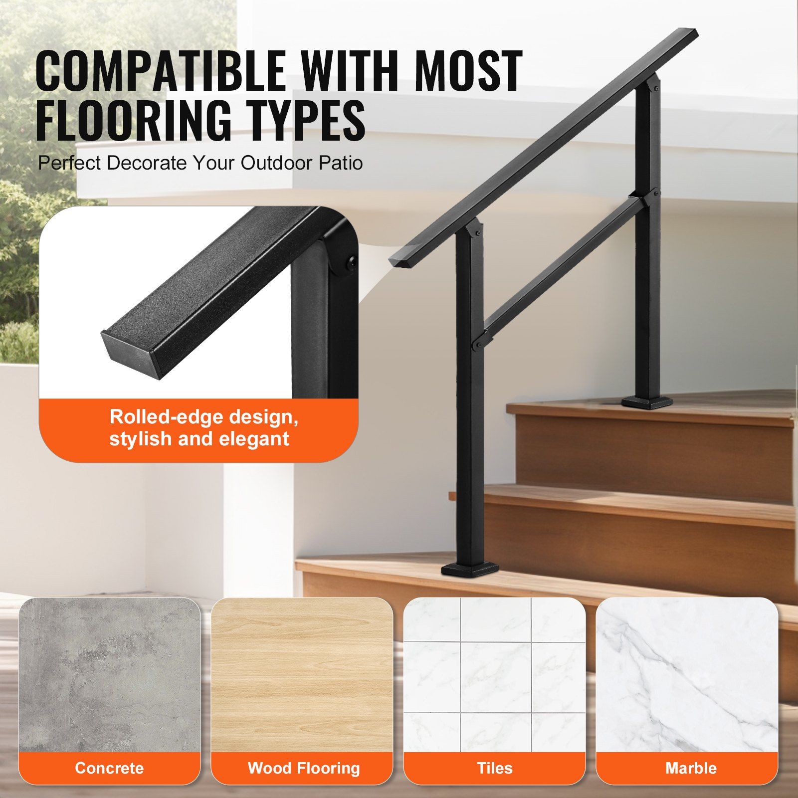 Outdoor Handrails for Steps, 2-3 Step Stair Rail Kit, Black Square Tube with Horizontal Bar, Carbon Steel Support Rails for Seniors, Concrete & Deck Stairs, Easy Installation - Image 5