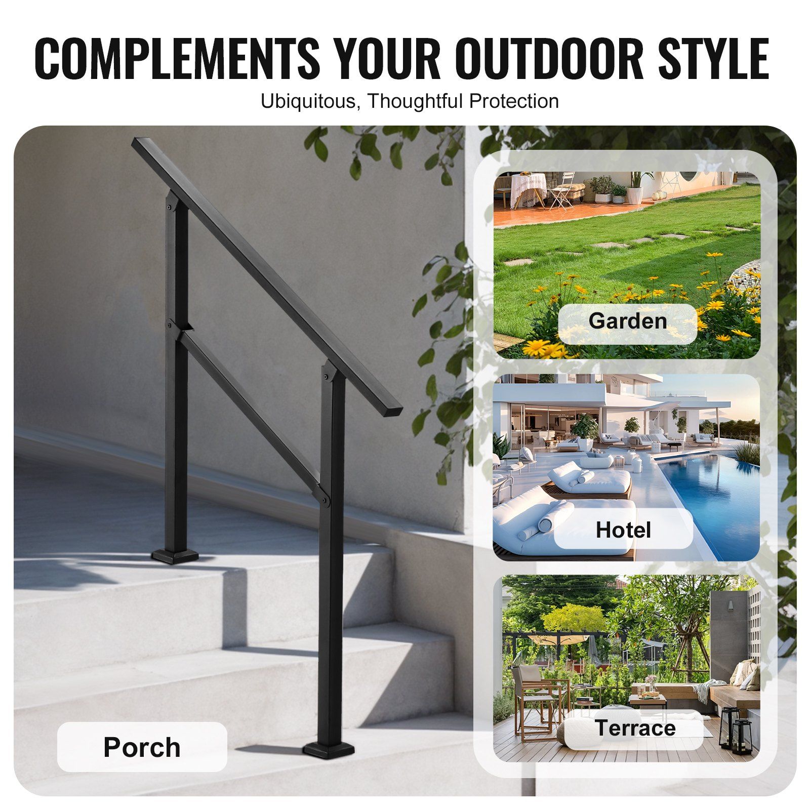 Outdoor Handrails for Steps, 2-3 Step Stair Rail Kit, Black Square Tube with Horizontal Bar, Carbon Steel Support Rails for Seniors, Concrete & Deck Stairs, Easy Installation - Image 6