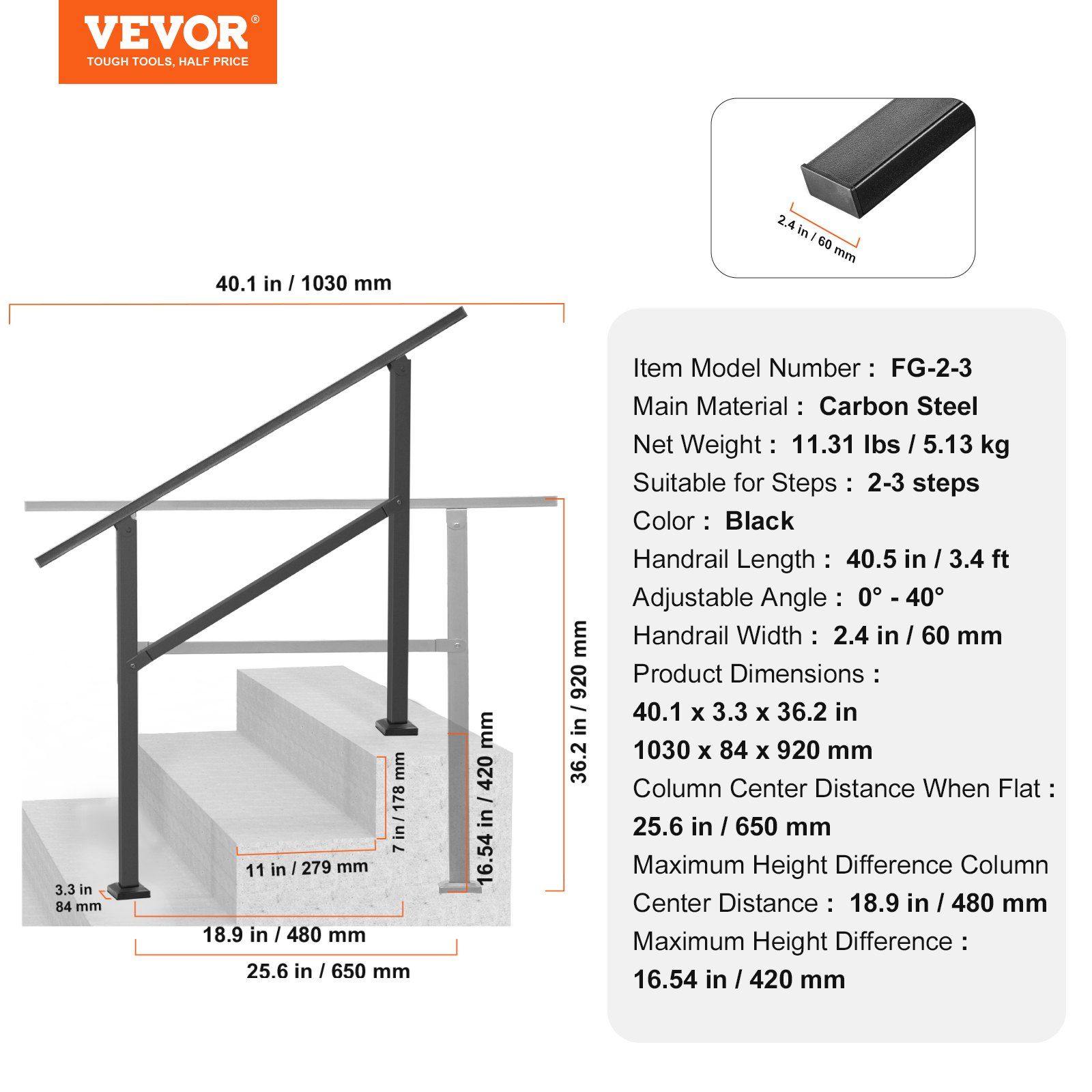 Outdoor Handrails for Steps, 2-3 Step Stair Rail Kit, Black Square Tube with Horizontal Bar, Carbon Steel Support Rails for Seniors, Concrete & Deck Stairs, Easy Installation - Image 7