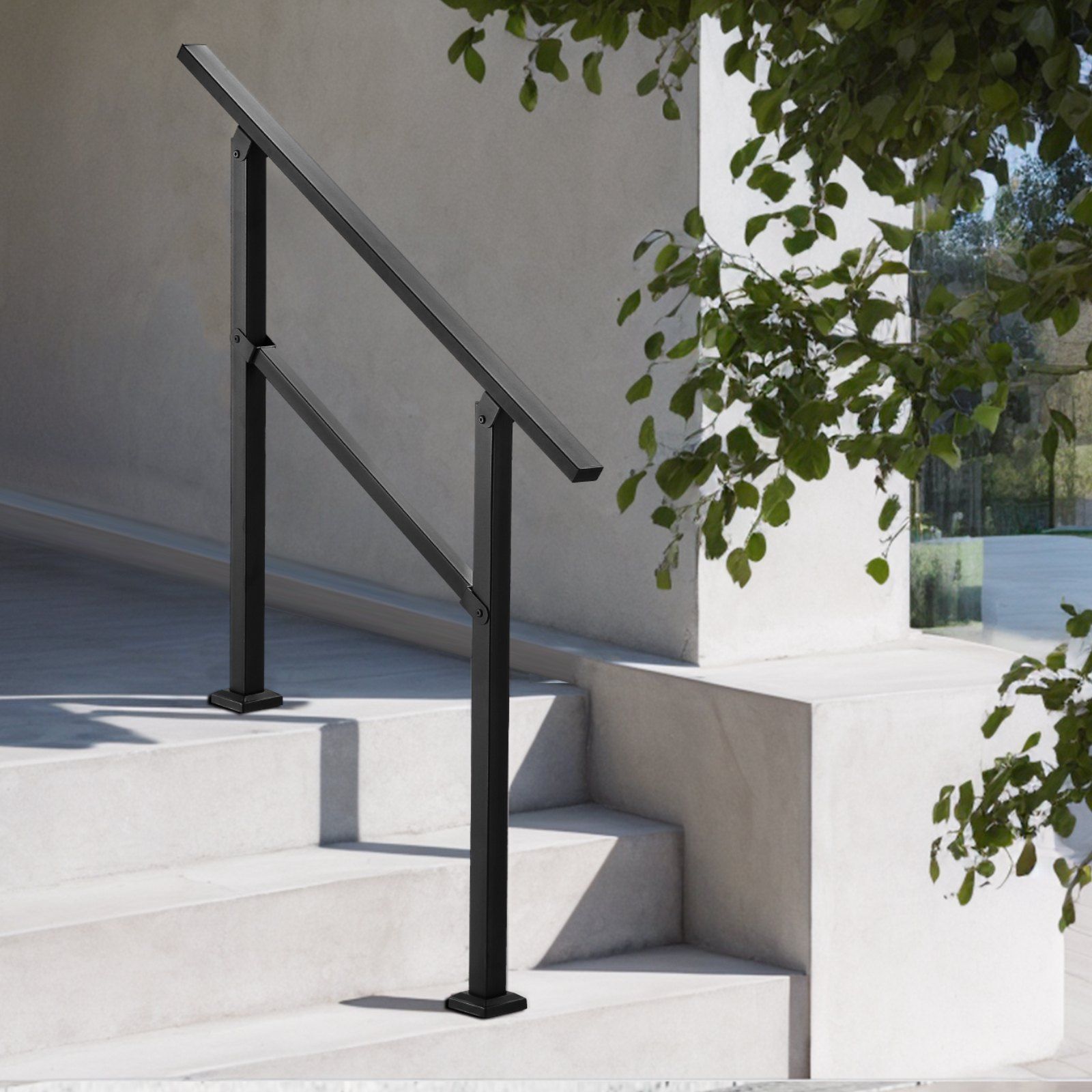 Outdoor Handrails for Steps, 2-3 Step Stair Rail Kit, Black Square Tube with Horizontal Bar, Carbon Steel Support Rails for Seniors, Concrete & Deck Stairs, Easy Installation - Image 8