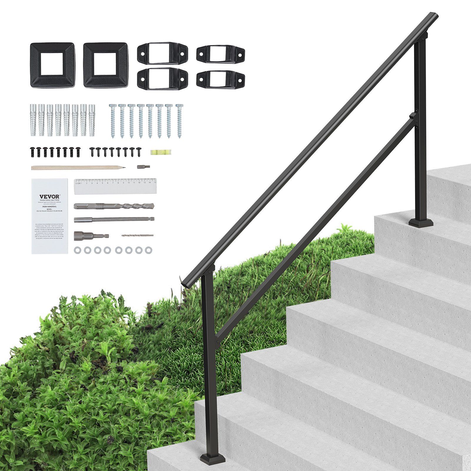 Handrails for Outdoor Steps, 5 Step Stair Hand Rail Kit, Transitional Carbon Steel Railings with Installation Kit, Stair Rails for Seniors, Concrete Steps & Porch & Deck, Black Square Tube - Image 1