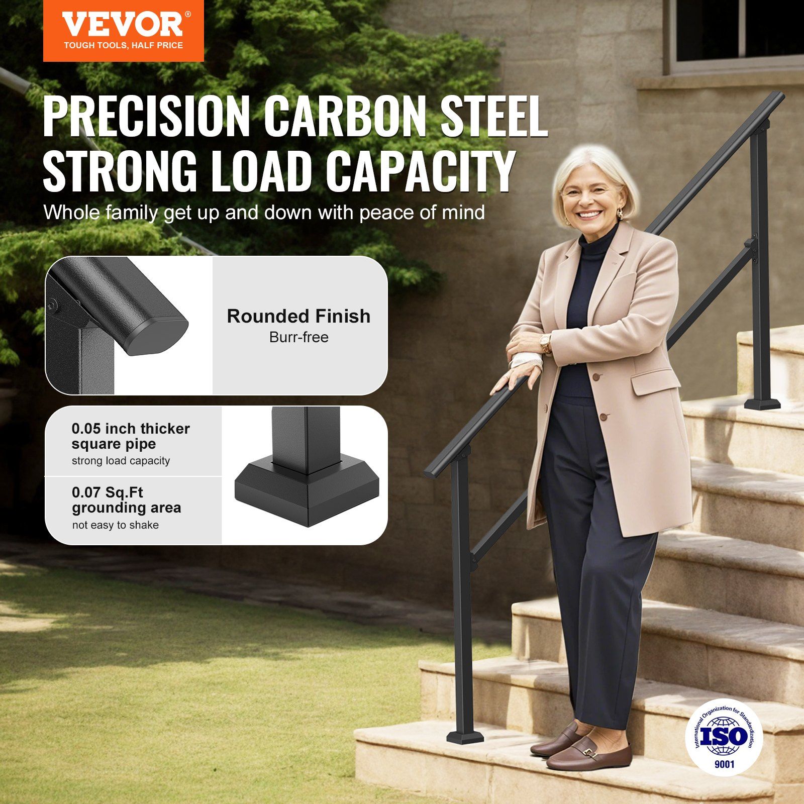 Handrails for Outdoor Steps, 5 Step Stair Hand Rail Kit, Transitional Carbon Steel Railings with Installation Kit, Stair Rails for Seniors, Concrete Steps & Porch & Deck, Black Square Tube - Image 2