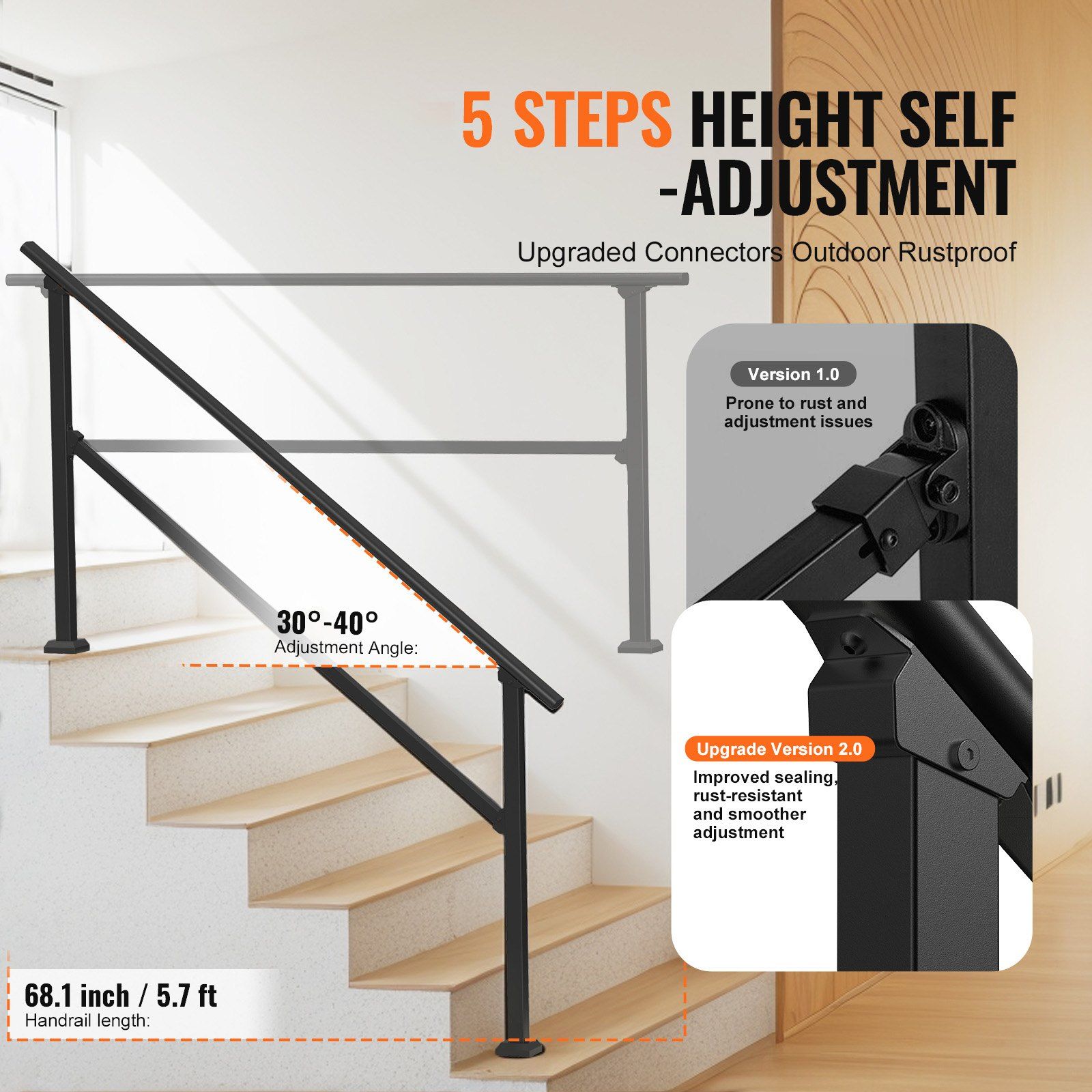 Handrails for Outdoor Steps, 5 Step Stair Hand Rail Kit, Transitional Carbon Steel Railings with Installation Kit, Stair Rails for Seniors, Concrete Steps & Porch & Deck, Black Square Tube - Image 3