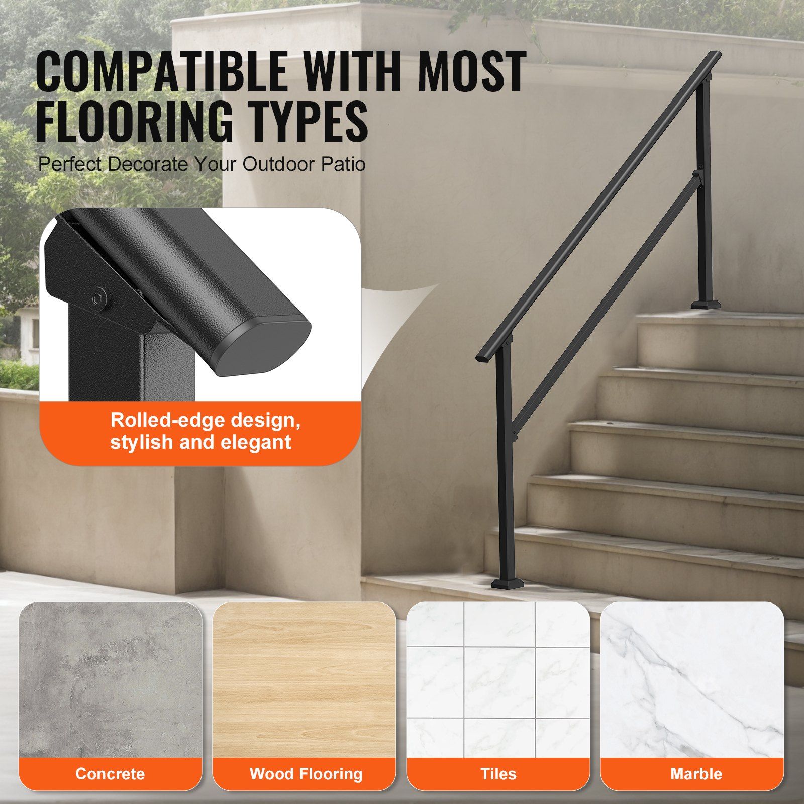 Handrails for Outdoor Steps, 5 Step Stair Hand Rail Kit, Transitional Carbon Steel Railings with Installation Kit, Stair Rails for Seniors, Concrete Steps & Porch & Deck, Black Square Tube - Image 5