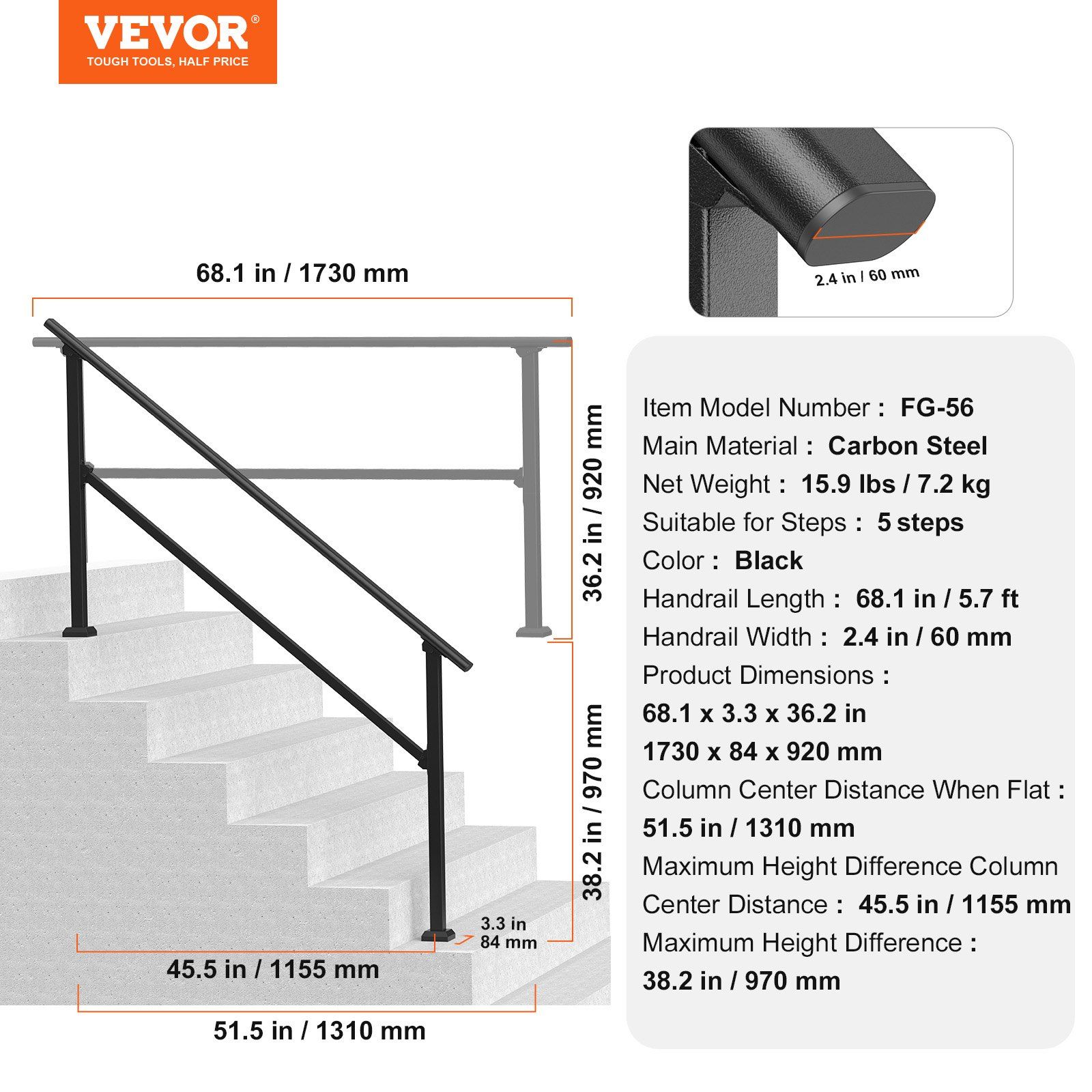 Handrails for Outdoor Steps, 5 Step Stair Hand Rail Kit, Transitional Carbon Steel Railings with Installation Kit, Stair Rails for Seniors, Concrete Steps & Porch & Deck, Black Square Tube - Image 7