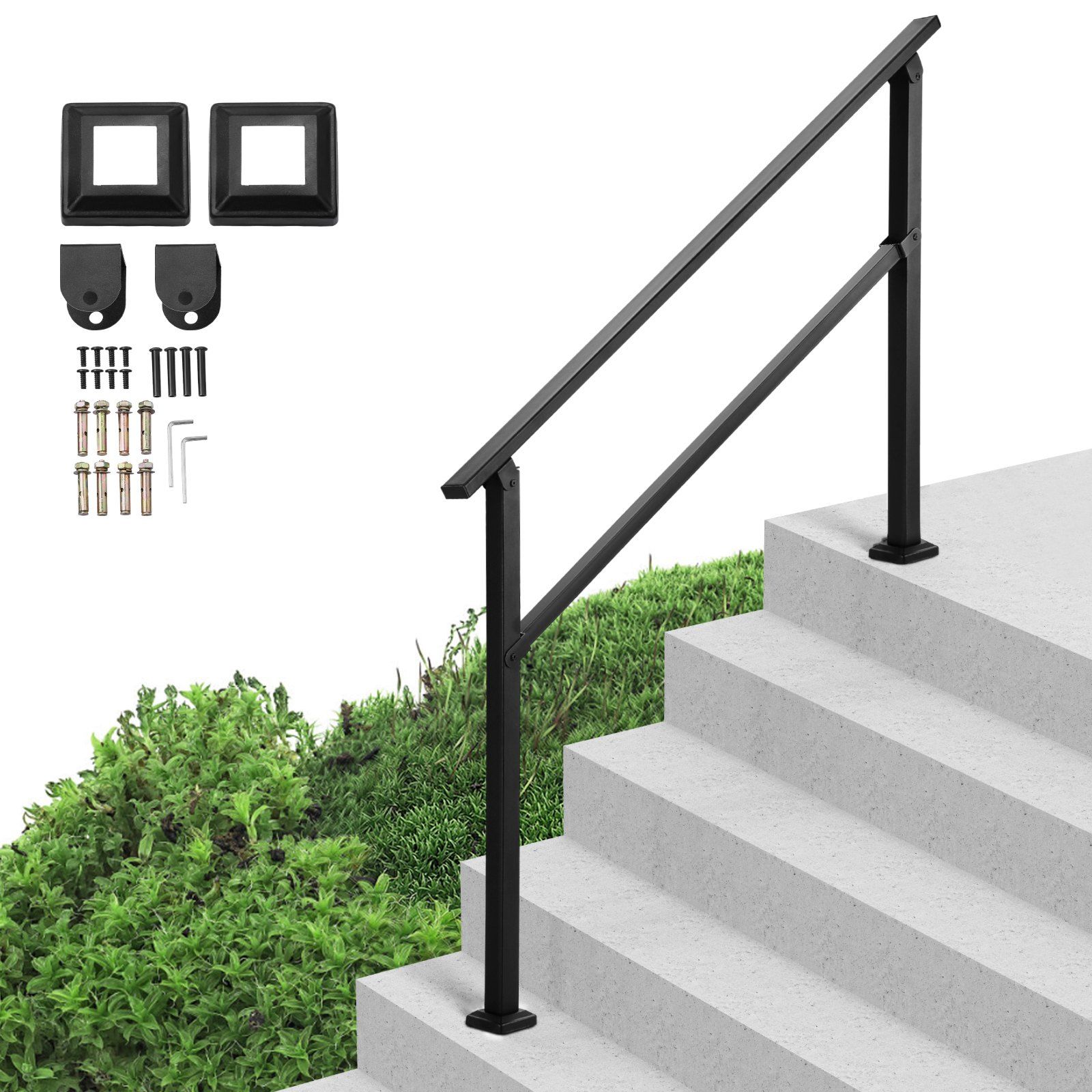 Outdoor Handrails for Steps, 4-5 Step Stair Rail Kit, Black Square Tube with Horizontal Bar, Carbon Steel Support Rails for Seniors, Concrete & Deck Stairs, Easy Installation - Image 1