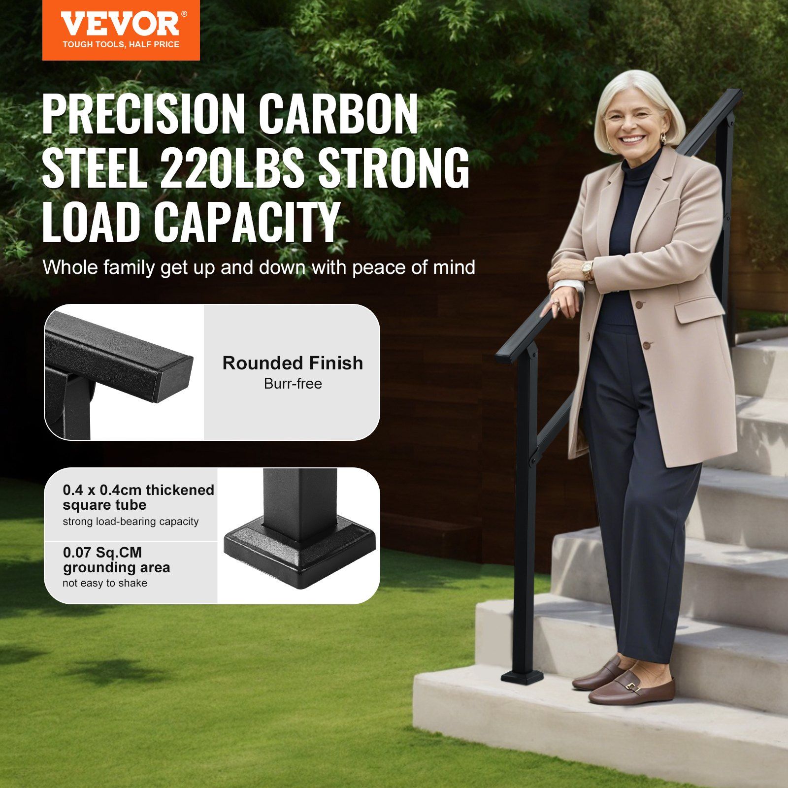 Outdoor Handrails for Steps, 4-5 Step Stair Rail Kit, Black Square Tube with Horizontal Bar, Carbon Steel Support Rails for Seniors, Concrete & Deck Stairs, Easy Installation - Image 2