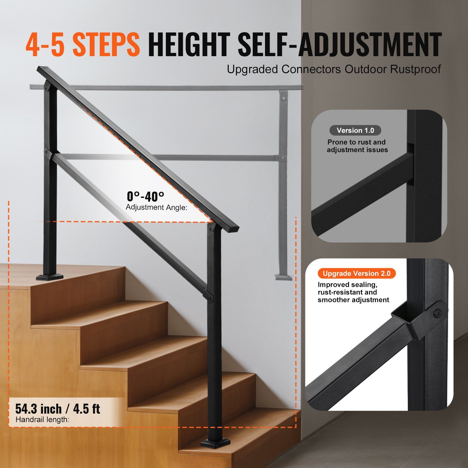 Outdoor Handrails for Steps, 4-5 Step Stair Rail Kit, Black Square Tube with Horizontal Bar, Carbon Steel Support Rails for Seniors, Concrete & Deck Stairs, Easy Installation - Image 3