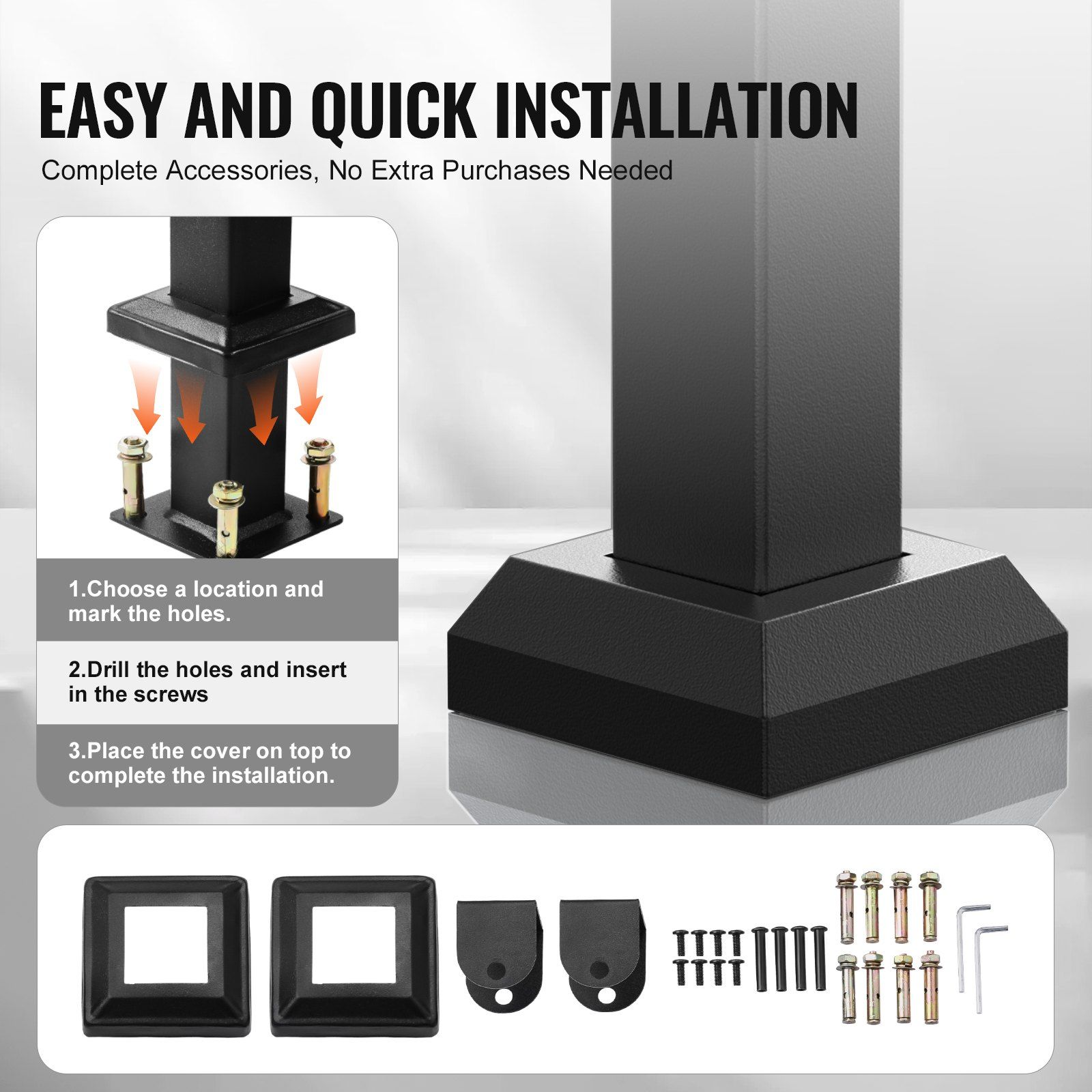 Outdoor Handrails for Steps, 4-5 Step Stair Rail Kit, Black Square Tube with Horizontal Bar, Carbon Steel Support Rails for Seniors, Concrete & Deck Stairs, Easy Installation - Image 4