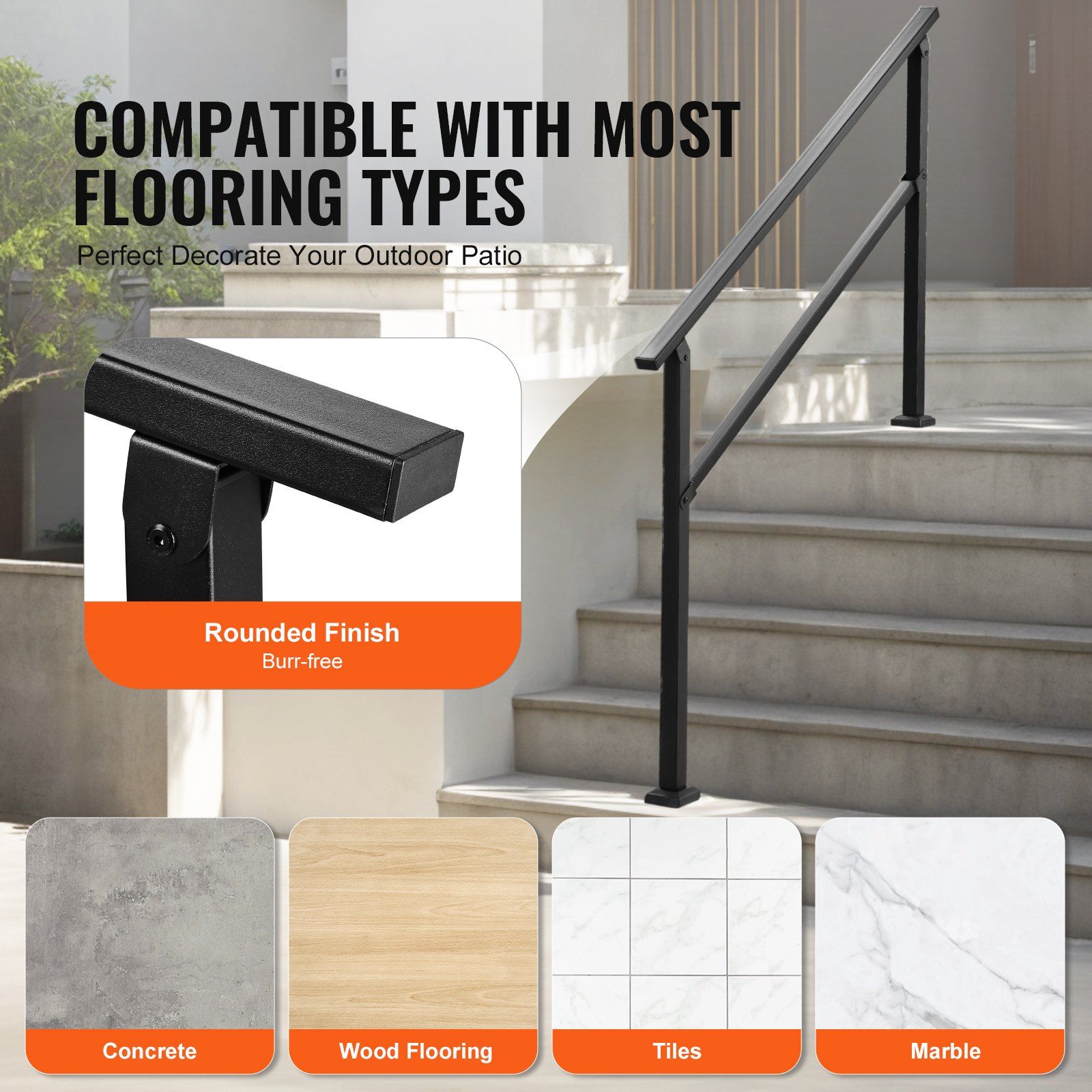Outdoor Handrails for Steps, 4-5 Step Stair Rail Kit, Black Square Tube with Horizontal Bar, Carbon Steel Support Rails for Seniors, Concrete & Deck Stairs, Easy Installation - Image 5