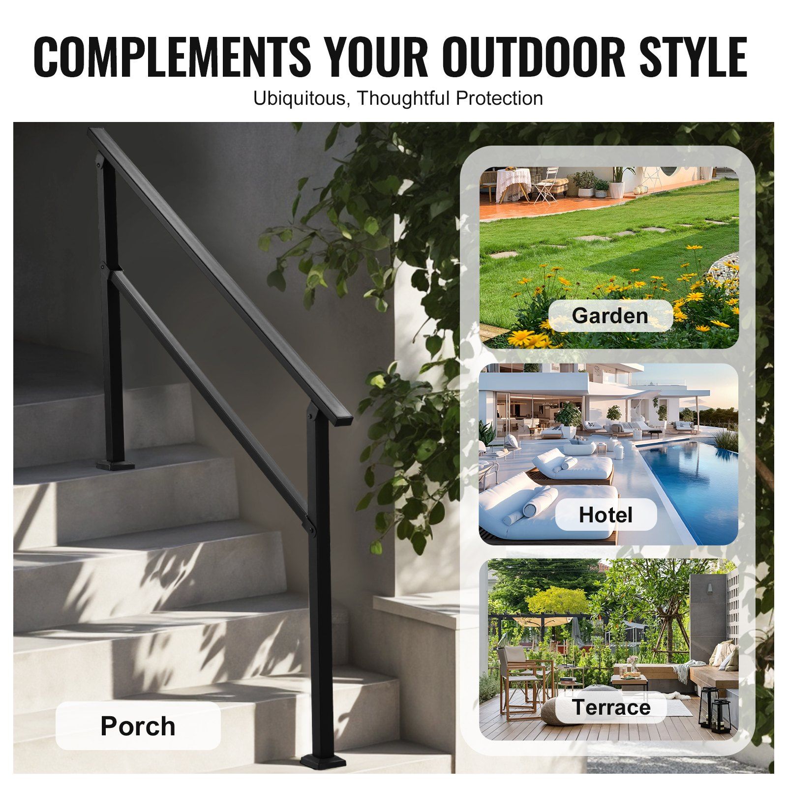 Outdoor Handrails for Steps, 4-5 Step Stair Rail Kit, Black Square Tube with Horizontal Bar, Carbon Steel Support Rails for Seniors, Concrete & Deck Stairs, Easy Installation - Image 6