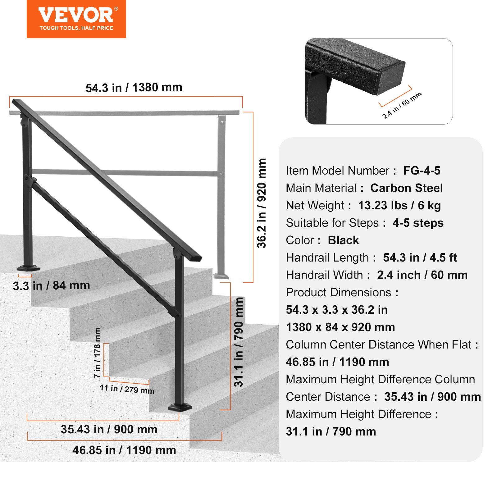 Outdoor Handrails for Steps, 4-5 Step Stair Rail Kit, Black Square Tube with Horizontal Bar, Carbon Steel Support Rails for Seniors, Concrete & Deck Stairs, Easy Installation - Image 7