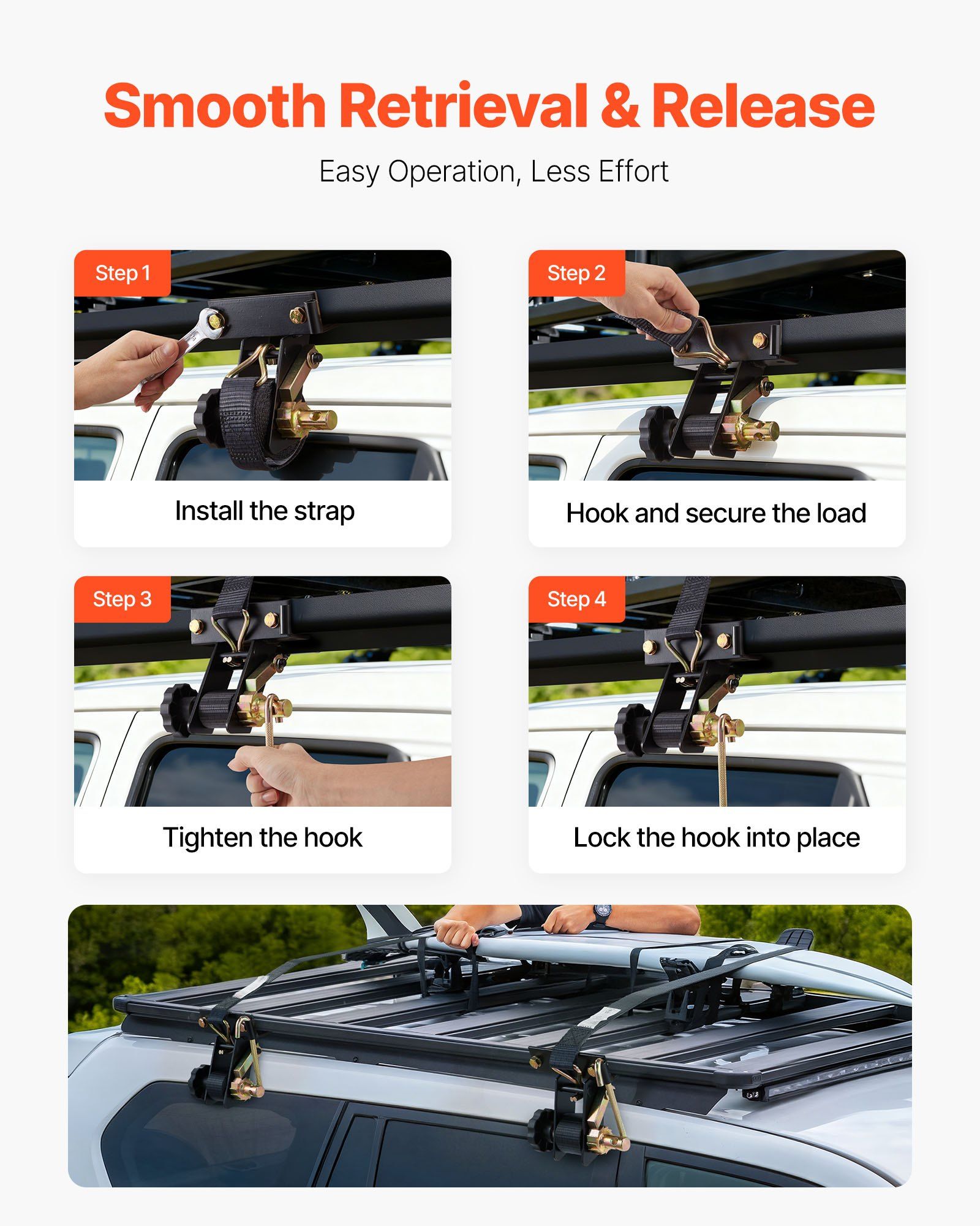Ladder Rack Ratchet Straps, Black Square Tube Mount, 38 mm Wide x 2.25 m Long Black Ladder Rack Straps with Double J-Hooks, 226.8 kg Load Heavy Duty, Cargo Buckle Lock Strap (8 Pack) - Image 3
