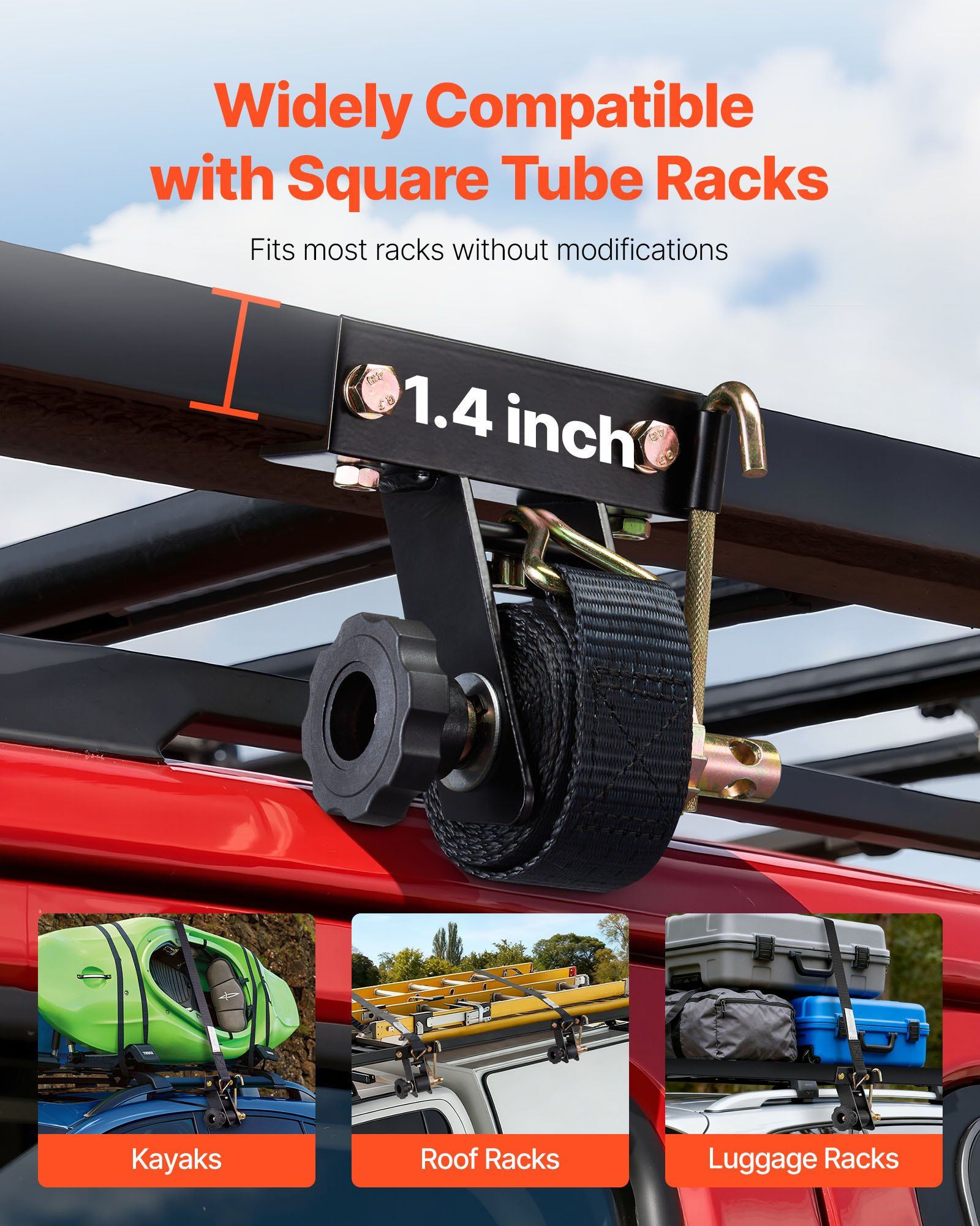Ladder Rack Ratchet Straps, Black Square Tube Mount, 38 mm Wide x 2.25 m Long Black Ladder Rack Straps with Double J-Hooks, 226.8 kg Load Heavy Duty, Cargo Buckle Lock Strap (8 Pack) - Image 4