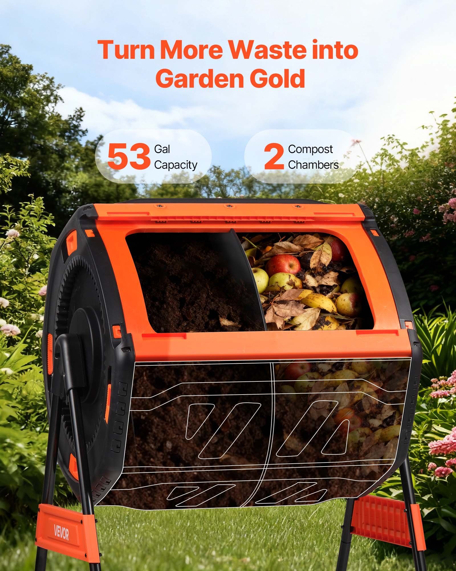 Compost Tumbler, 200L Dual Chamber Outdoor Tumbling Composter with 2 Sliding Doors and Aeration System, Large Easy-Turn Fast Rotating Composting Bin for Outside, Garden, Kitchen, and Yard Waste - Image 2