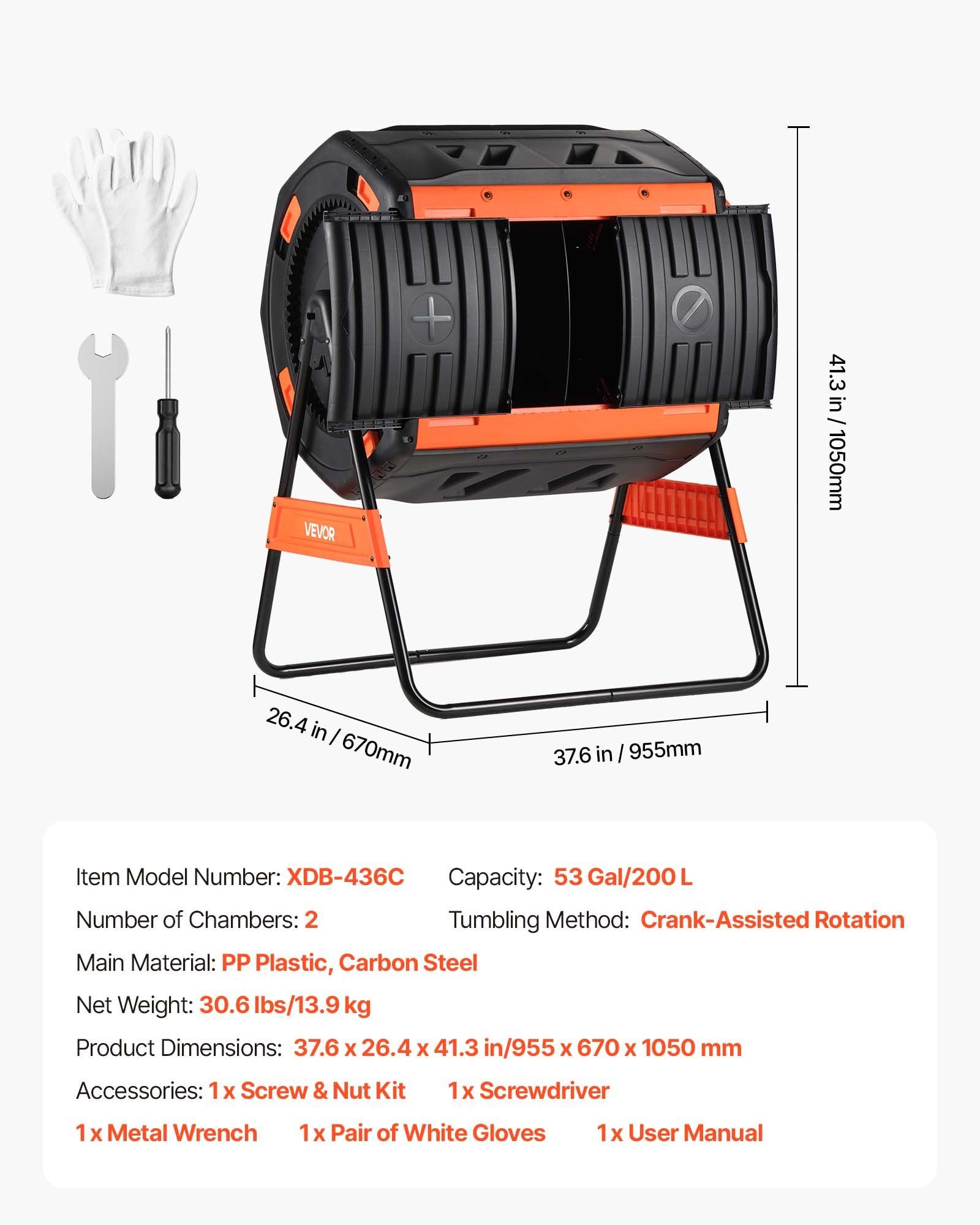 Compost Tumbler, 200L Dual Chamber Outdoor Tumbling Composter with 2 Sliding Doors and Aeration System, Large Easy-Turn Fast Rotating Composting Bin for Outside, Garden, Kitchen, and Yard Waste - Image 7
