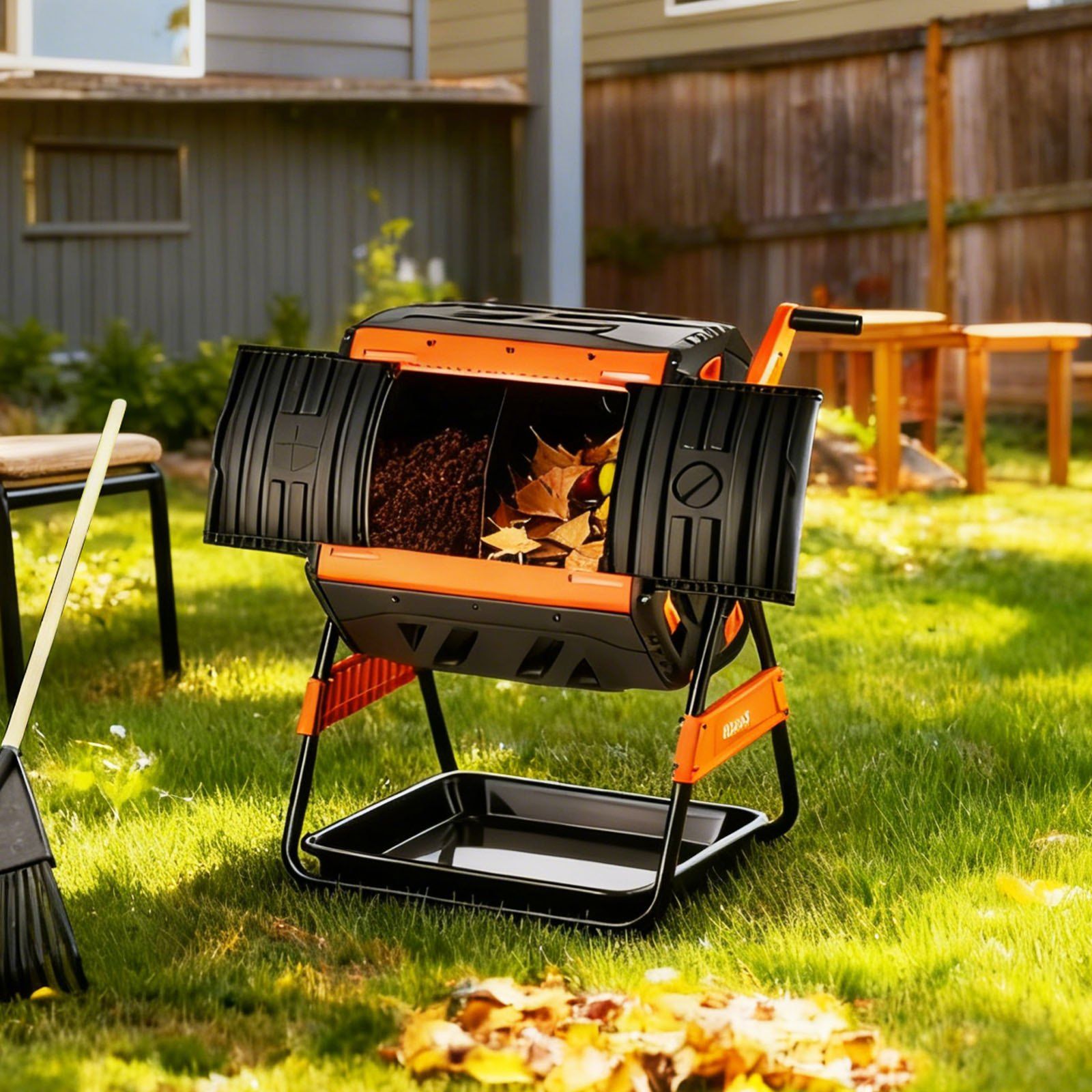 Compost Tumbler, 200L Dual Chamber Outdoor Tumbling Composter with 2 Sliding Doors and Aeration System, Large Easy-Turn Fast Rotating Composting Bin for Outside, Garden, Kitchen, and Yard Waste - Image 8