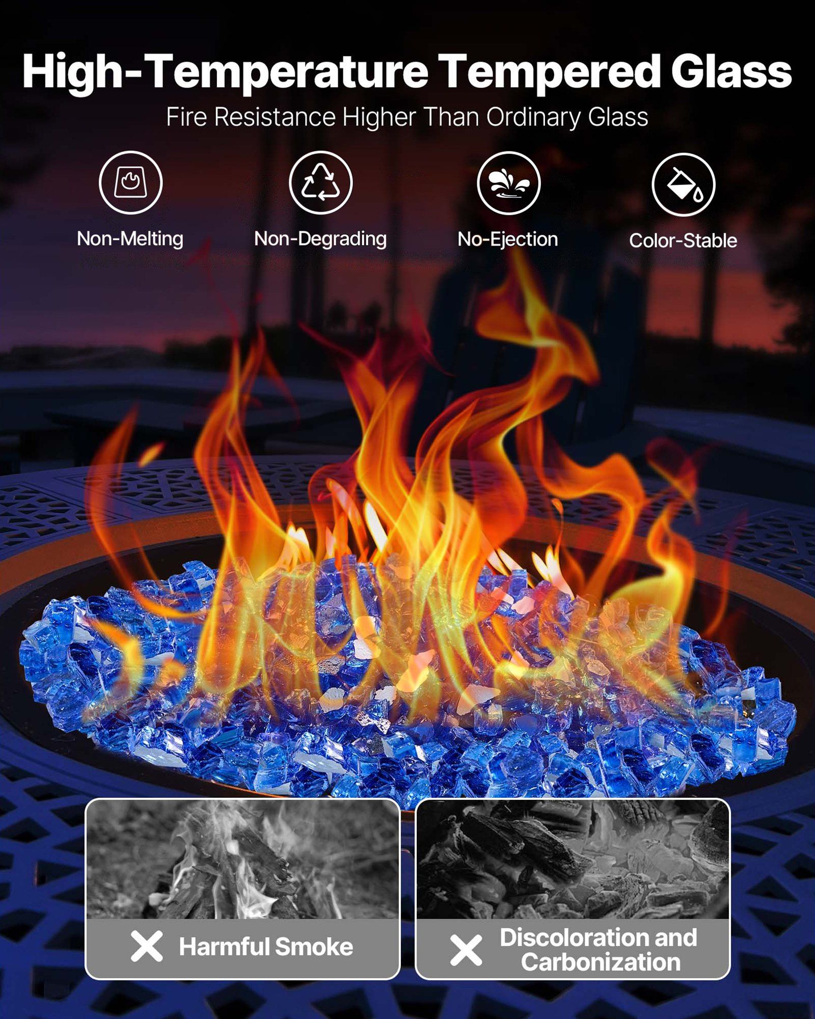 Fire Glass, 20LBS / 9KG High-Temperature Resistant Fireplace Rocks, 1/2-Inch / 12.7 mm Reflective & Smokeless Firepit Glass Rock, High Luster Stone Landscaping for Fire Pit Table, Cobalt Blue - Image 3