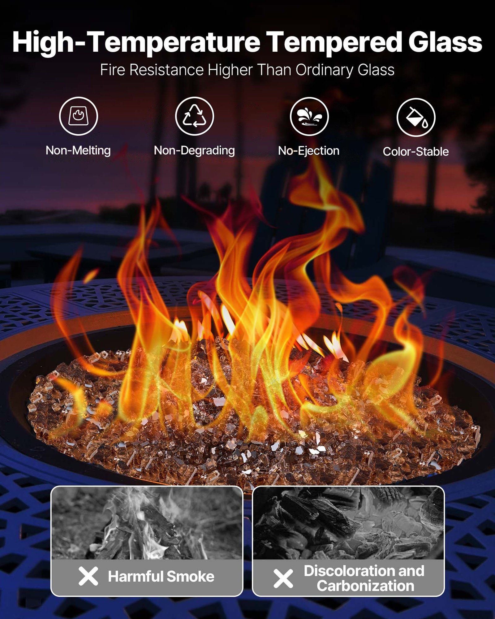 Fire Glass, 10 LBS / 4.5 KG High-Temperature Resistant Fireplace Rocks, 1/4-Inch / 6.35 mm Reflective & Smokeless Firepit Glass Rock, High Luster Stone Landscaping for Fire Pit Table, Copper - Image 3