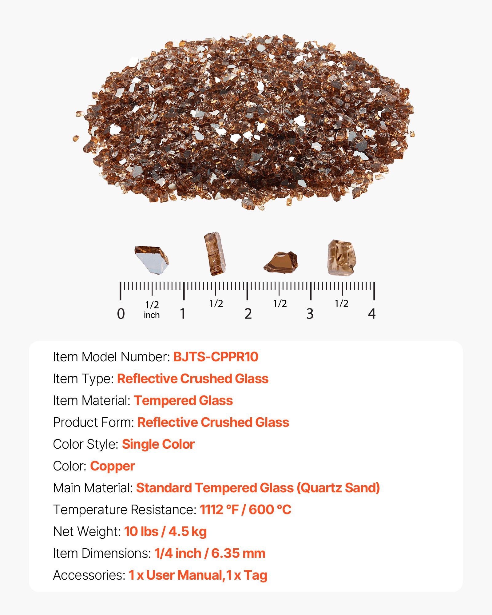 Fire Glass, 10 LBS / 4.5 KG High-Temperature Resistant Fireplace Rocks, 1/4-Inch / 6.35 mm Reflective & Smokeless Firepit Glass Rock, High Luster Stone Landscaping for Fire Pit Table, Copper - Image 7