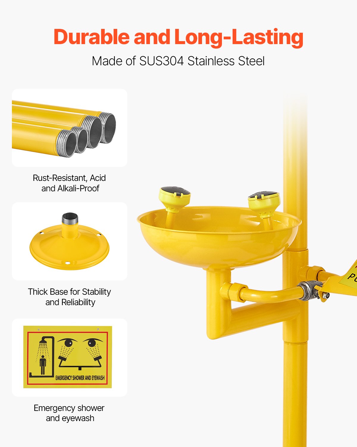 Emergency Shower Eye Wash Station, 34.25 x 15.75 x 91.73 Inch 304 Stainless Steel Eyewash and Shower Combination, OSHA-Approved First Aid Eye Wash Station, for Schools, Labs, Factories, Yellow - Image 3
