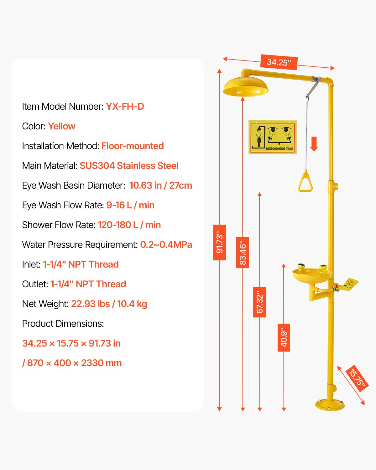 Emergency Shower Eye Wash Station, 34.25 x 15.75 x 91.73 Inch 304 Stainless Steel Eyewash and Shower Combination, OSHA-Approved First Aid Eye Wash Station, for Schools, Labs, Factories, Yellow - Image 7