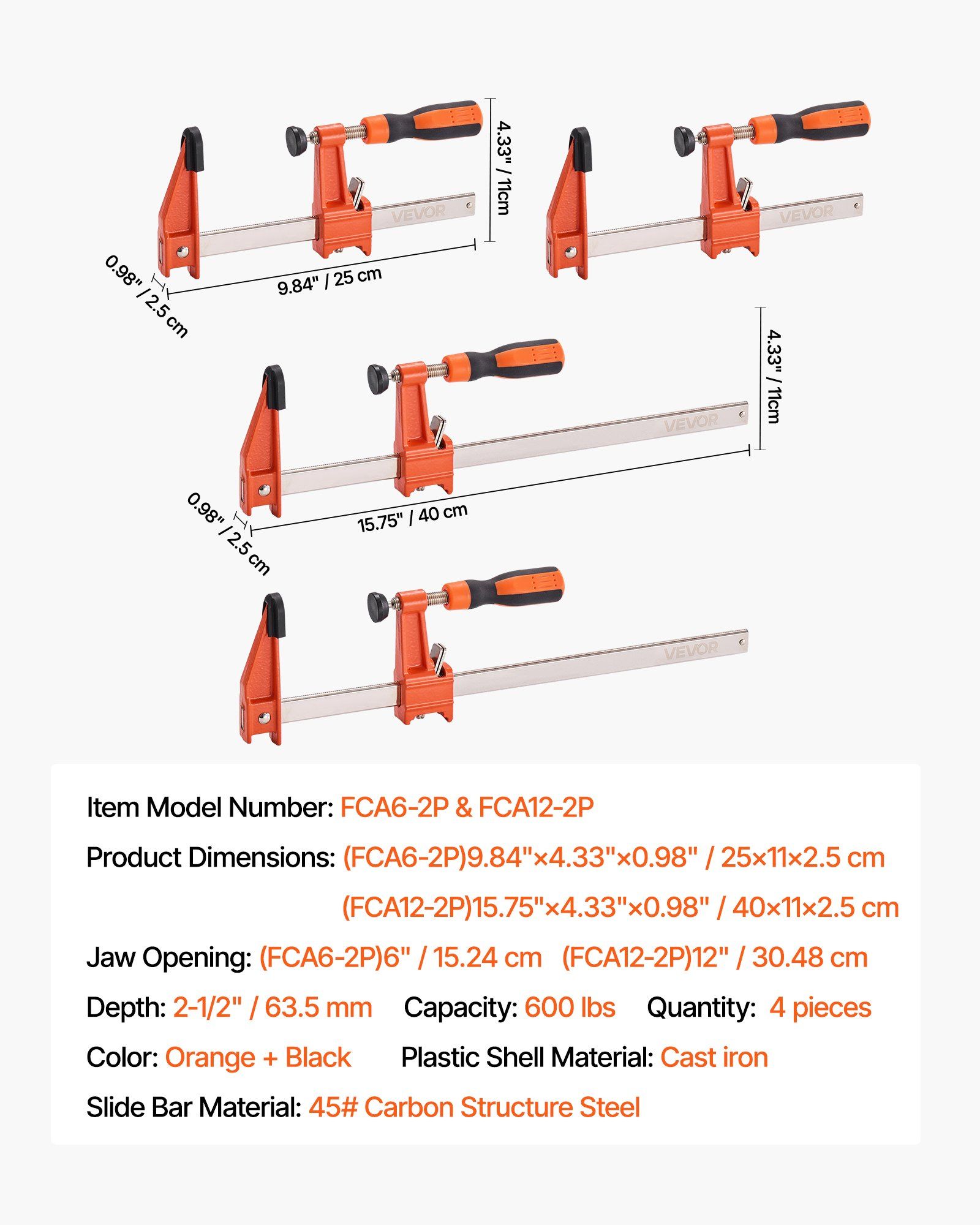 Bar Clamps for Woodworking, 2-Pack 15.24 cm and 2-Pack 30.48 cm, Lockable F-Clamp with 272 kg Load Limit, 63.5 mm Depth, Cast Iron and Carbon Steel, Wood Clamps for Woodworking Metal Working - Image 7