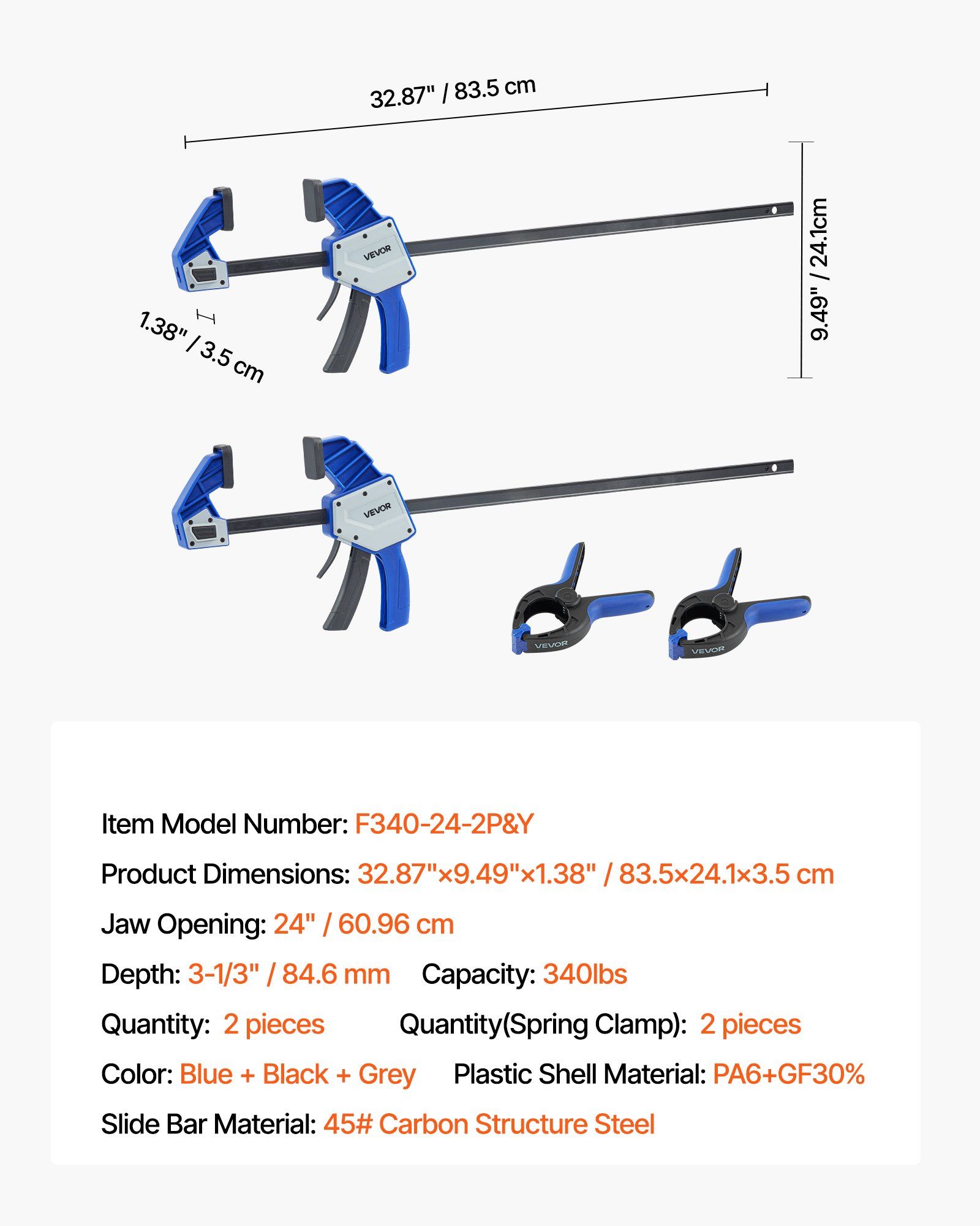 Bar Clamps for Woodworking, 2-Pack 60.96 cm One-Handed Clamp/Spreader, Quick-Grip F-Clamp with 154 kg Load Limit, Premium Plastic and Carbon Steel, for Woodworking Metal working, Blue + Black - Image 7