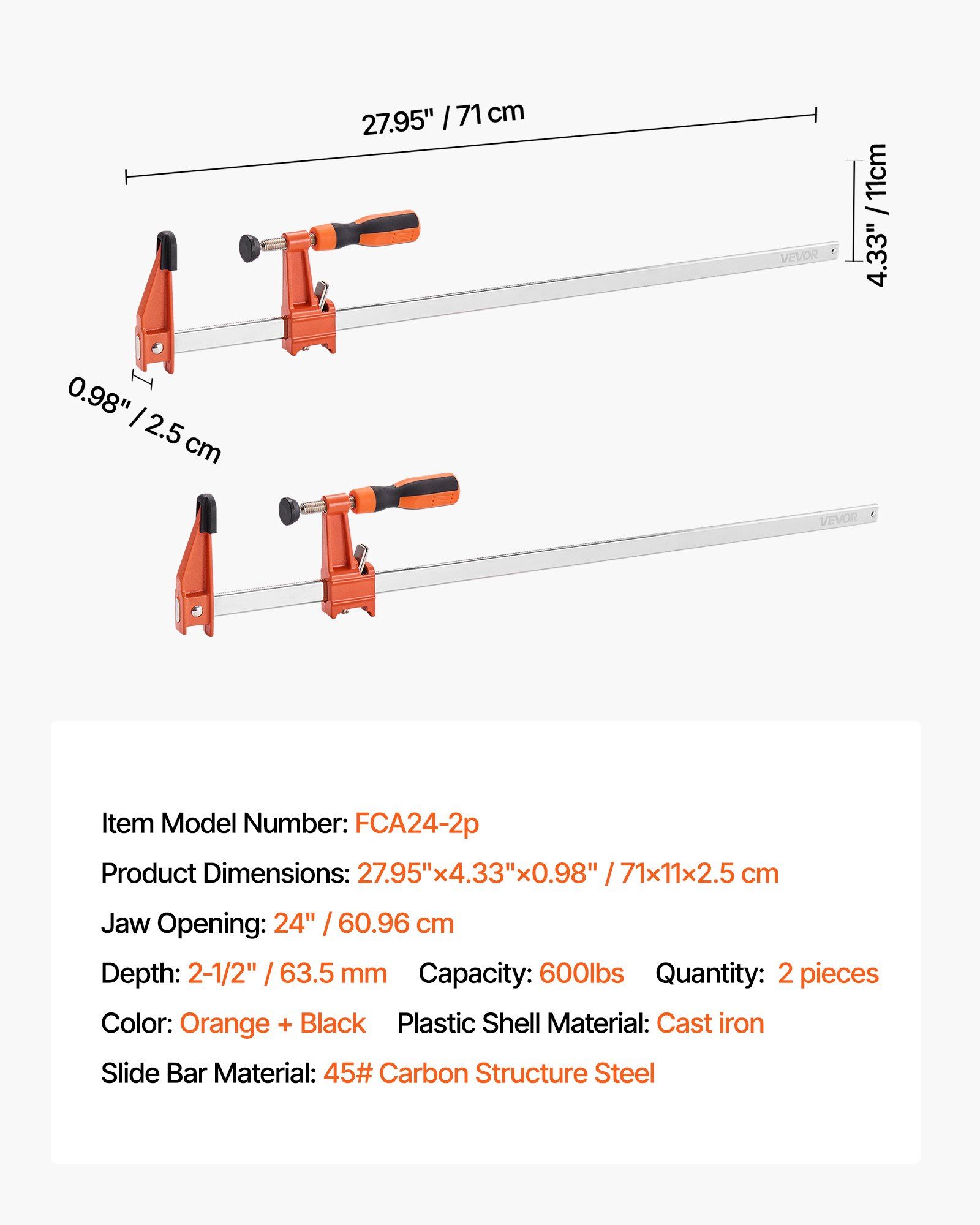Bar Clamps for Woodworking, 2-Pack 610 mm Opening, Lockable F-Clamp with 272 kg Load Limit, 63.5 mm Depth, Cast Iron and Carbon Steel, Easy to Use, Wood Clamps for Woodworking Metal Working - Image 7