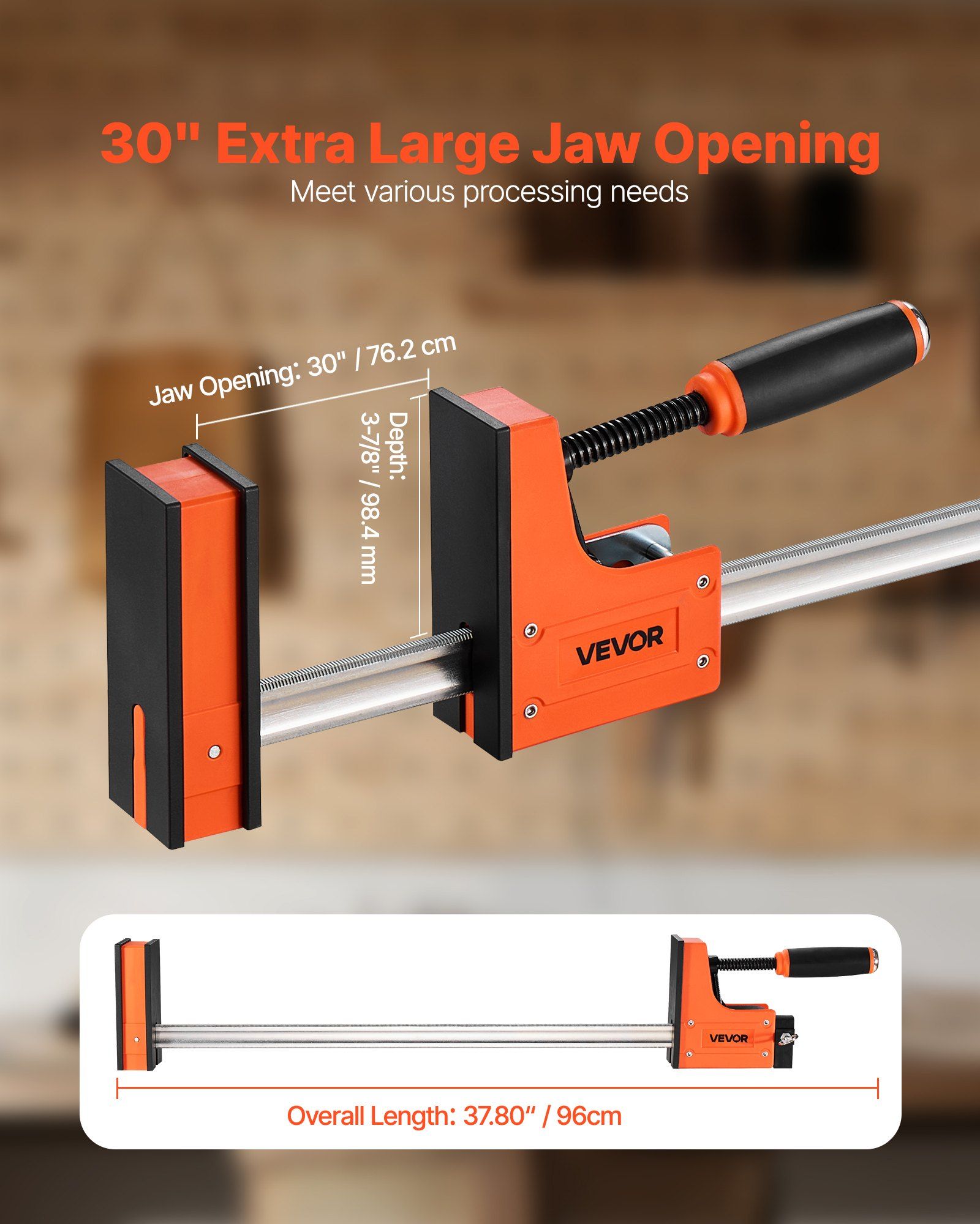 Bar Clamps for Woodworking, 2-Pack 76.2 cm Parallel Clamp Set, F-Clamp with 680 kg Load Limit, Even Pressure, High-strength Plastic and Carbon Steel, for Woodworking Metal Working, Orange - Image 3