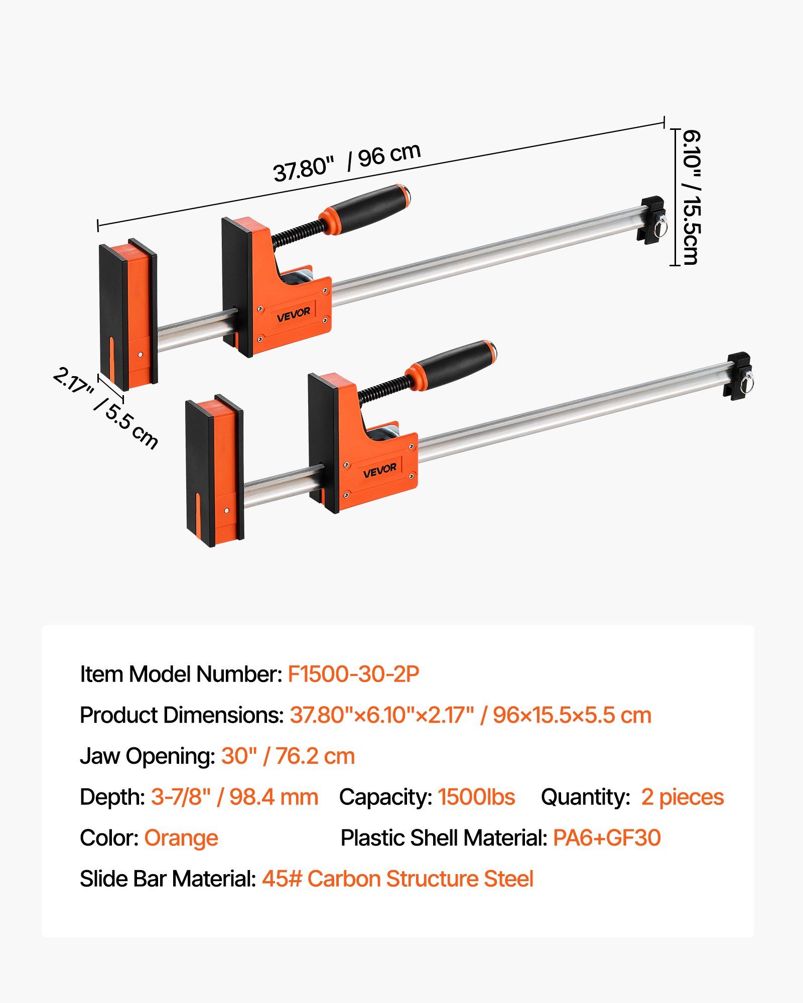 Bar Clamps for Woodworking, 2-Pack 76.2 cm Parallel Clamp Set, F-Clamp with 680 kg Load Limit, Even Pressure, High-strength Plastic and Carbon Steel, for Woodworking Metal Working, Orange - Image 7