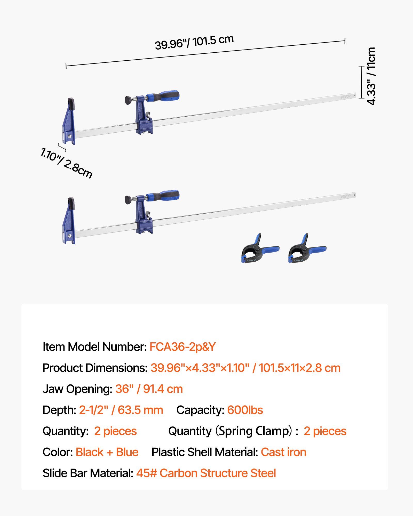 Bar Clamps for Woodworking, 2-Pack 91.4 cm Opening, Lockable F-Clamp with 272 kg Load Limit,63.5 mm Depth, Cast Iron and Carbon Steel, Easy to Use, Wood Clamps for Woodworking Metal Working - Image 7