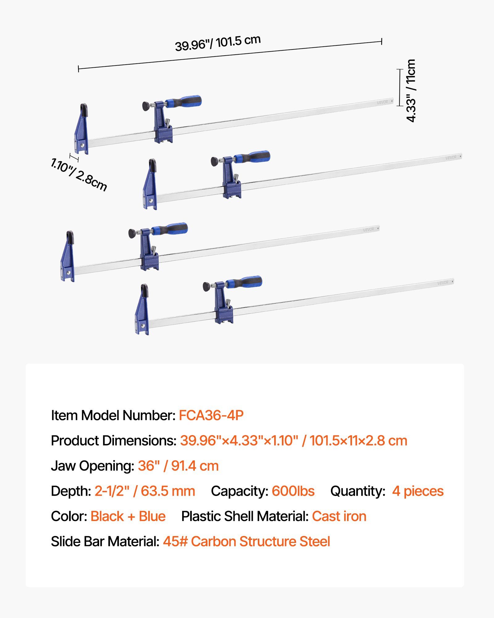 Bar Clamps for Woodworking, 4-Pack 91.4 cm Opening, Lockable F-Clamp with 272 kg Load Limit, 63.5 mm Depth, Cast Iron and Carbon Steel, Easy to Use, Wood Clamps for Woodworking Metal Working - Image 7