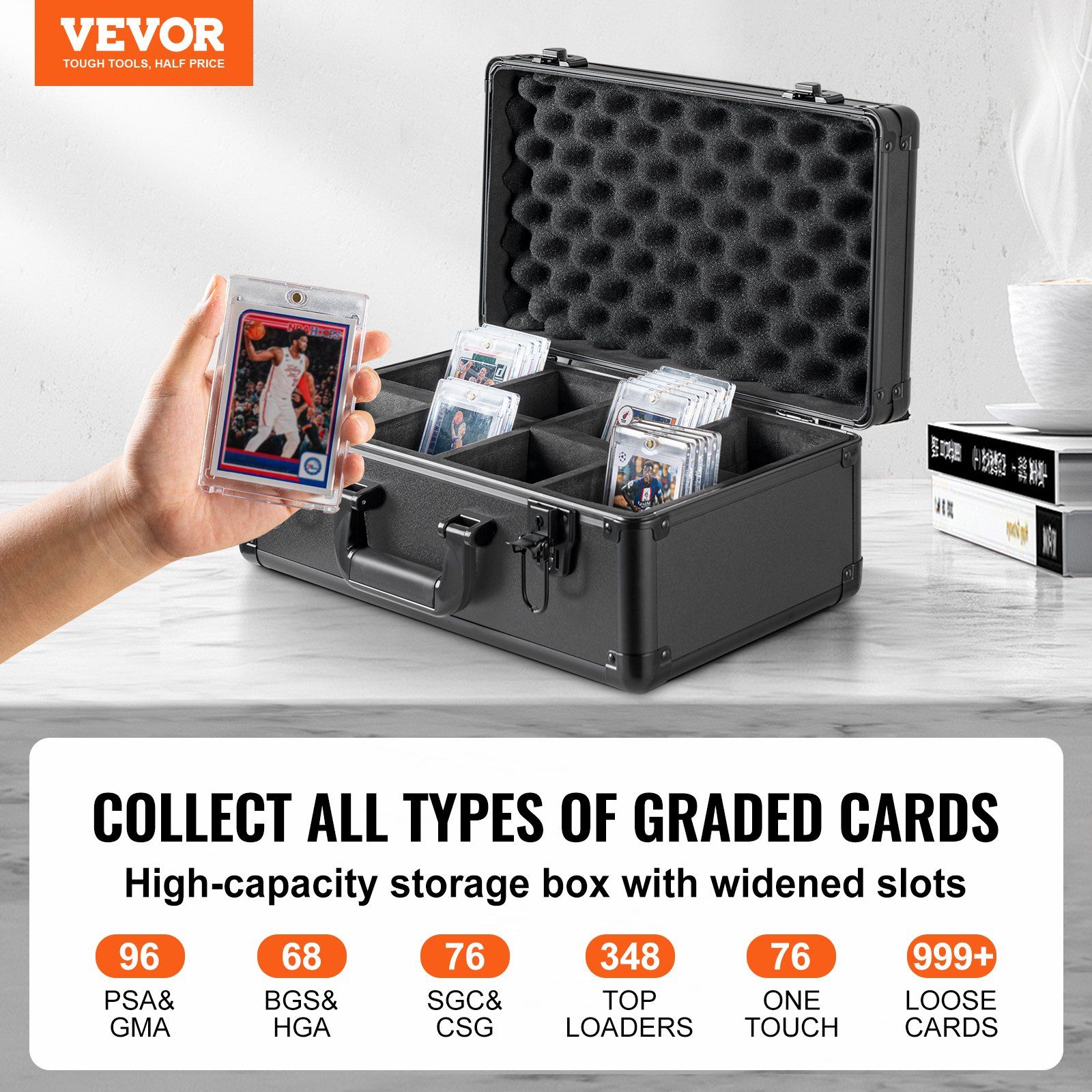 Graded Card Storage Box, 4 Slots, Graded Sports Cards Holder Carrying Case with Key Lock Foam Dividers, for 96 PSA Graded Cards 68 BGS Cards 76 SGC Cards 348 Top Loaders or 999+ Loose Cards - Image 2