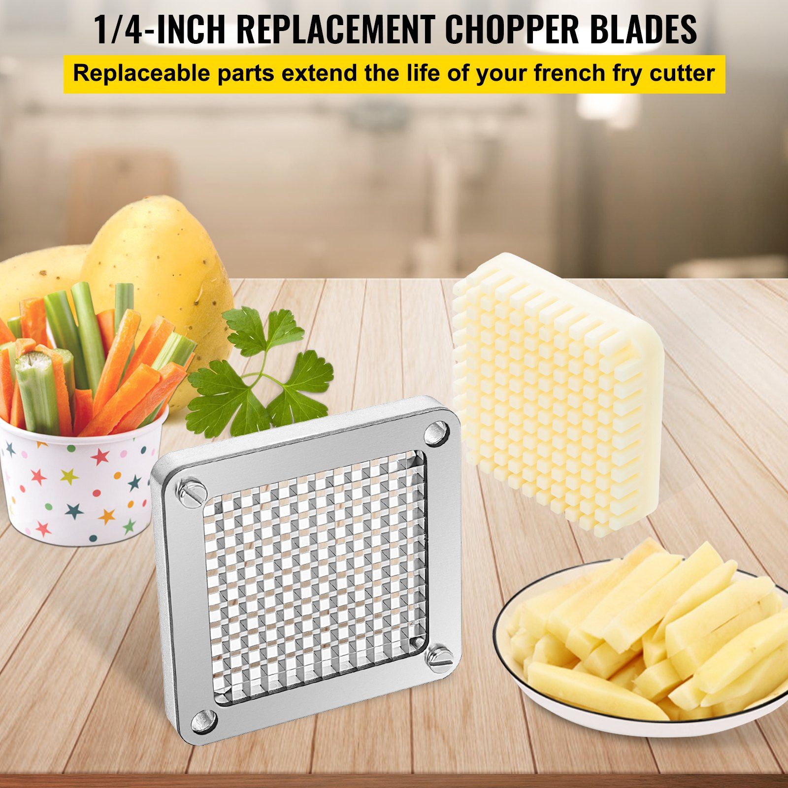 Replacement Chopper Blade, 1/4 inch, 3 PCS French Fry Blade Assembly with 6 Extra Knives, Stainless Steel Dicer Parts and Push Block for Cutting Potatoes Carrots Onions Cucumbers Mushrooms - Image 2