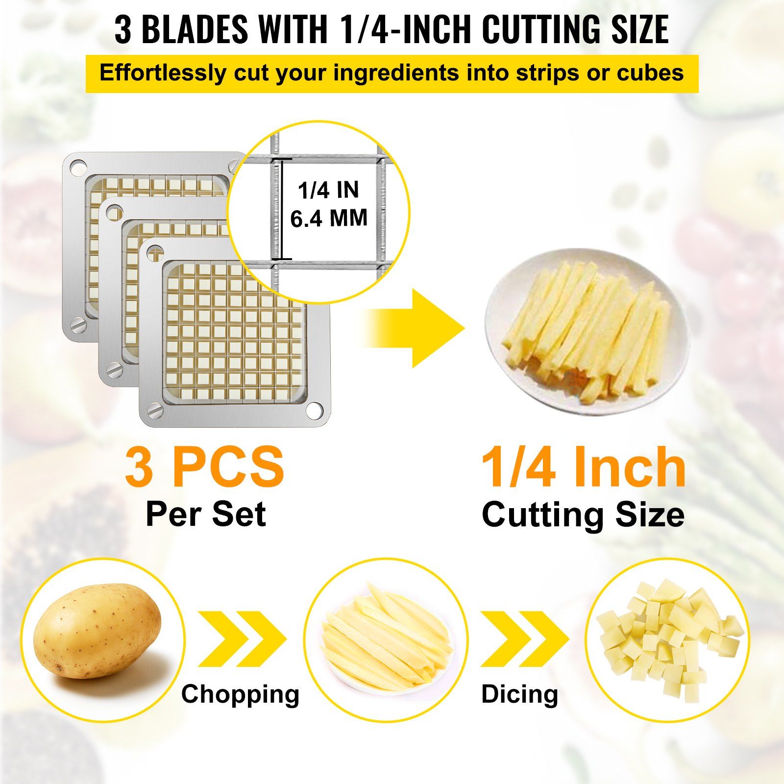 Replacement Chopper Blade, 1/4 inch, 3 PCS French Fry Blade Assembly with 6 Extra Knives, Stainless Steel Dicer Parts and Push Block for Cutting Potatoes Carrots Onions Cucumbers Mushrooms - Image 3
