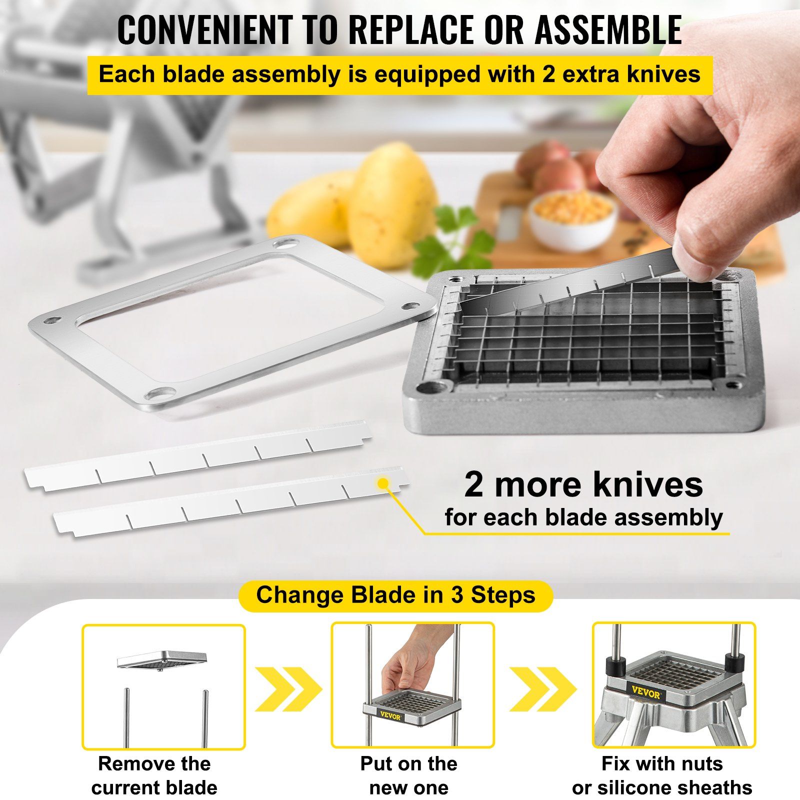 Replacement Chopper Blade, 1/4 inch, 3 PCS French Fry Blade Assembly with 6 Extra Knives, Stainless Steel Dicer Parts and Push Block for Cutting Potatoes Carrots Onions Cucumbers Mushrooms - Image 4