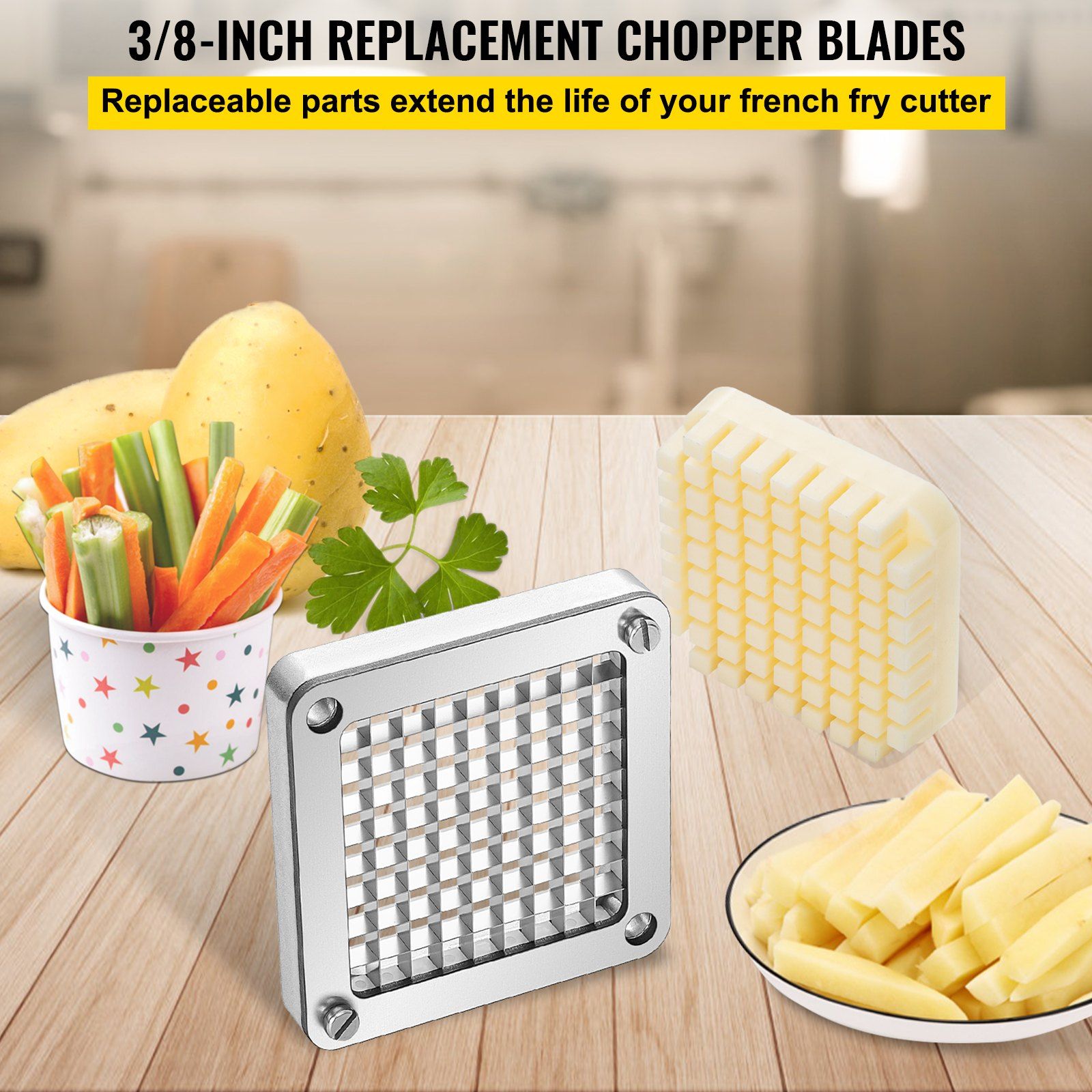 Replacement Chopper Blade, 3/8 inch, 3 PCS French Fry Blade Assembly with 6 Extra Knives, Stainless Steel Dicer Parts and Push Block for Cutting Potatoes Carrots Onions Cucumbers Mushrooms - Image 2