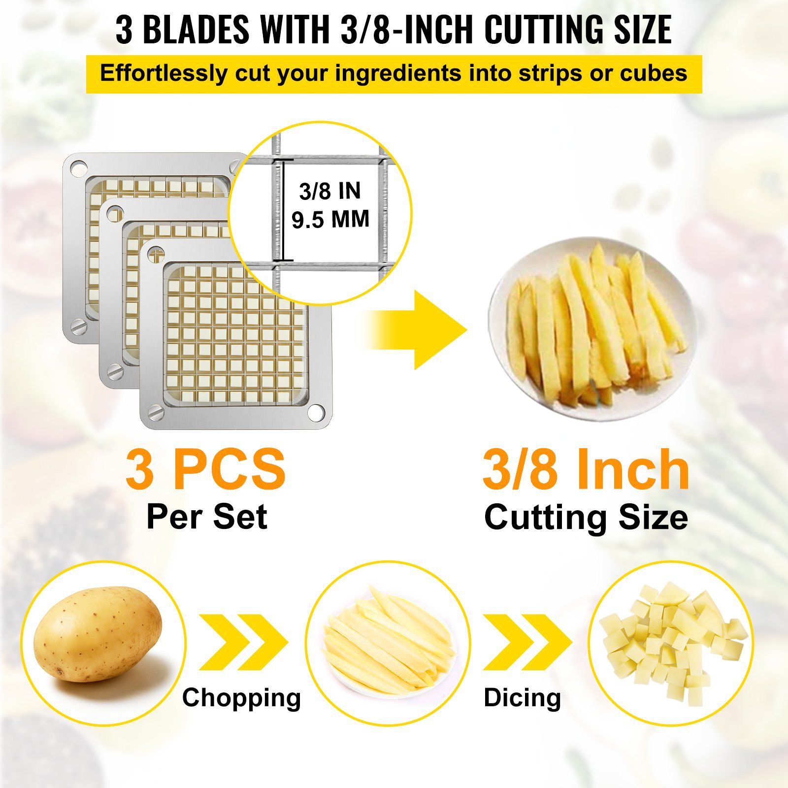 Replacement Chopper Blade, 3/8 inch, 3 PCS French Fry Blade Assembly with 6 Extra Knives, Stainless Steel Dicer Parts and Push Block for Cutting Potatoes Carrots Onions Cucumbers Mushrooms - Image 3