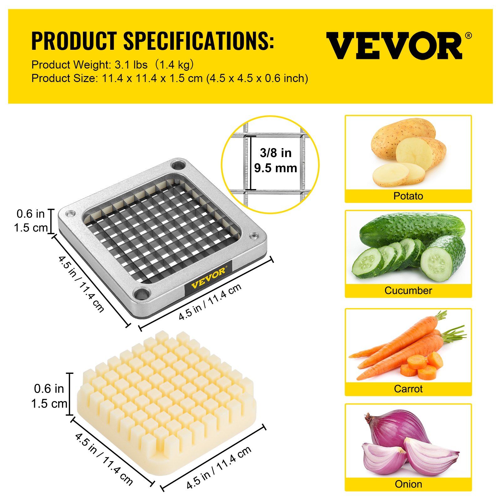 Replacement Chopper Blade, 3/8 inch, 3 PCS French Fry Blade Assembly with 6 Extra Knives, Stainless Steel Dicer Parts and Push Block for Cutting Potatoes Carrots Onions Cucumbers Mushrooms - Image 7
