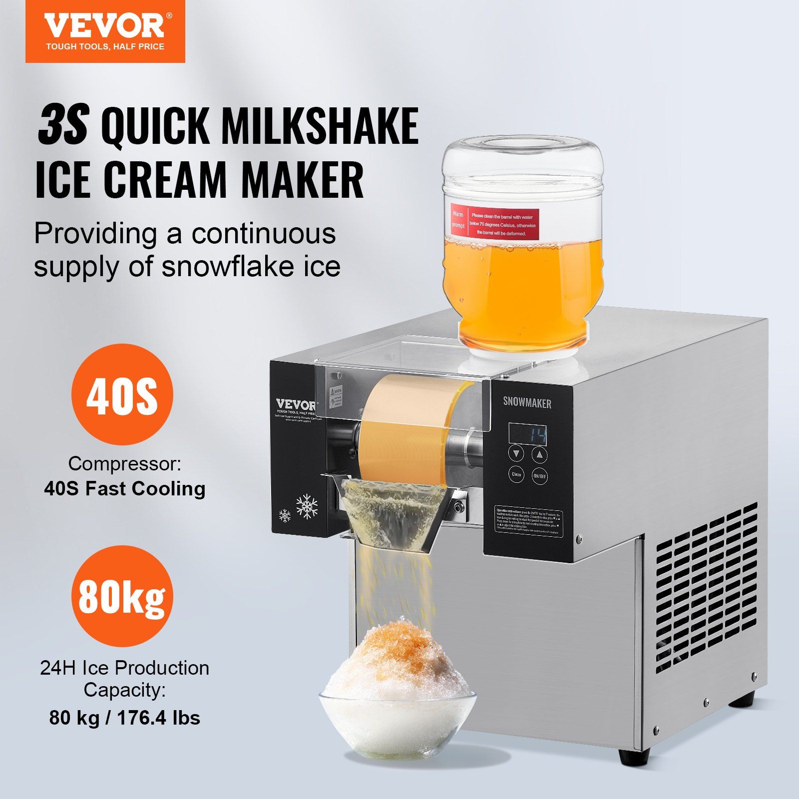 Commercial Snowflake Ice Machine, 176.4LBS/24H Snowflake Ice Maker, Stainless Steel Ice Shaver Machine, Electric Snow Cone Maker, Air Cooling System for Rapid Heat Dissipation, for Bakery, Cafe - Image 2
