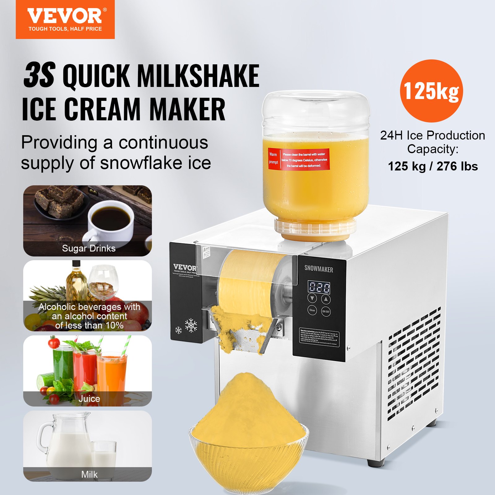 Commercial Snowflake Ice Machine, 276LBS/24H Snowflake Ice Maker, Stainless Steel Ice Shaver Machine, Electric Snow Cone Maker, Air Cooling System for Rapid Heat Dissipation, for Bakery, Cafe - Image 2