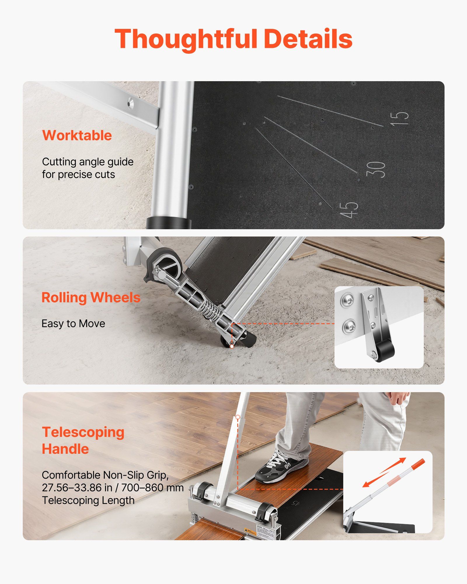 330mm Vinyl Floor Cutter, 16mm Thick Laminate Flooring Cutter with 15°/30°/45° Adjustable Angle Settings, Flexible Wheels, Telescoping Handle, Cuts Engineered Wood, LVT, VCT, SPC, LVP, WPC - Image 6