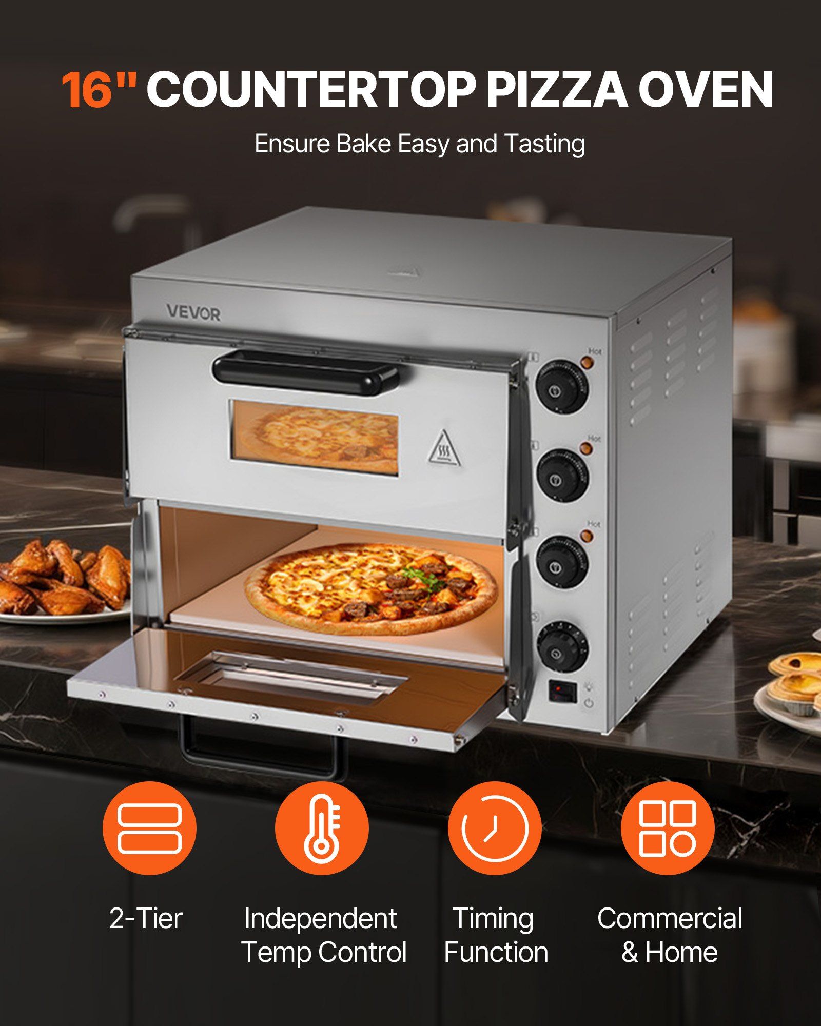 Commercial Pizza Oven Countertop, 16-Inch Double Deck Layers, Stainless Steel Electric Pizza Oven with Stone and Handle, Multipurpose Indoor Pizza Maker for Restaurant Home Pretzels Baked - Image 2