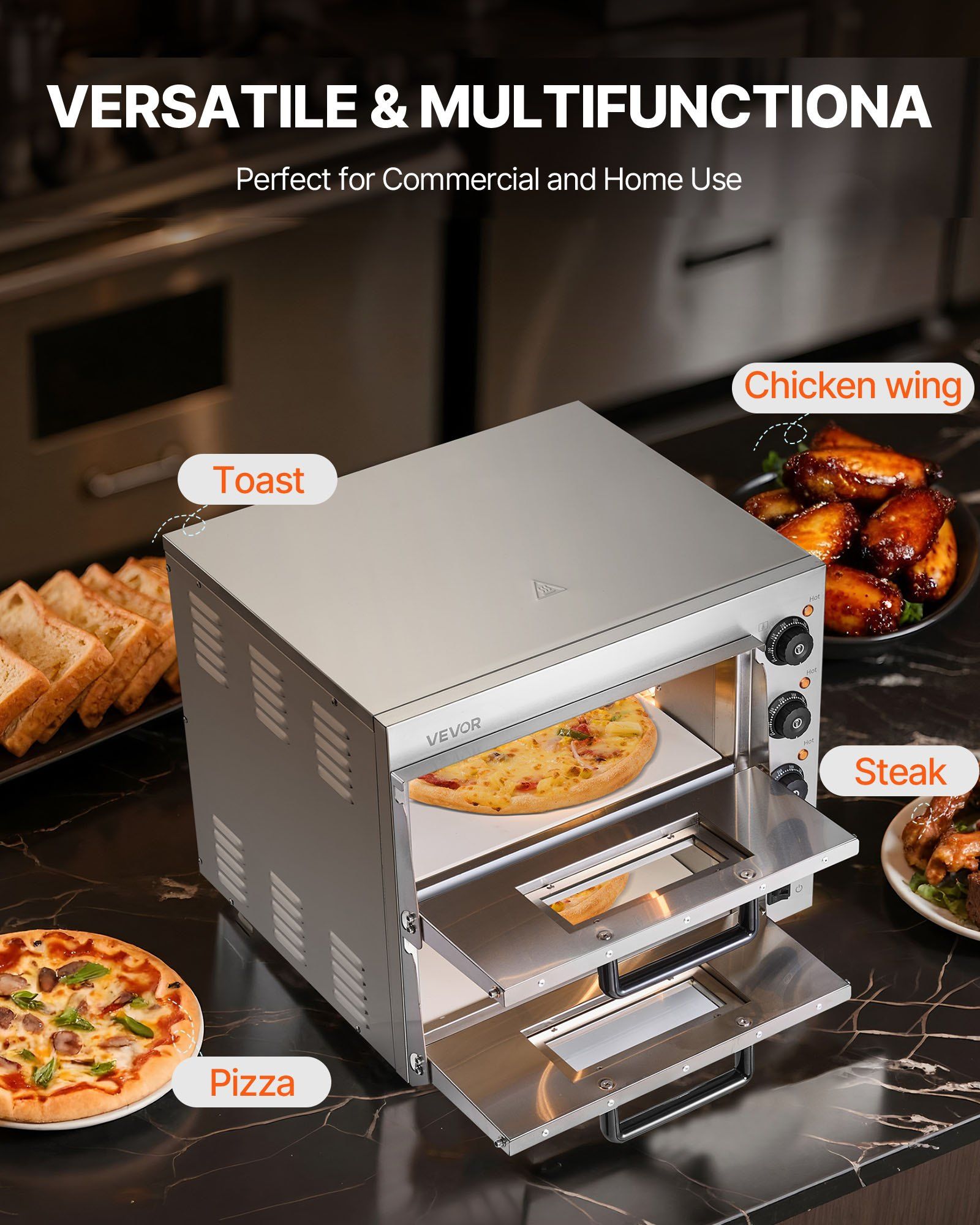 Commercial Pizza Oven Countertop, 16-Inch Double Deck Layers, Stainless Steel Electric Pizza Oven with Stone and Handle, Multipurpose Indoor Pizza Maker for Restaurant Home Pretzels Baked - Image 6