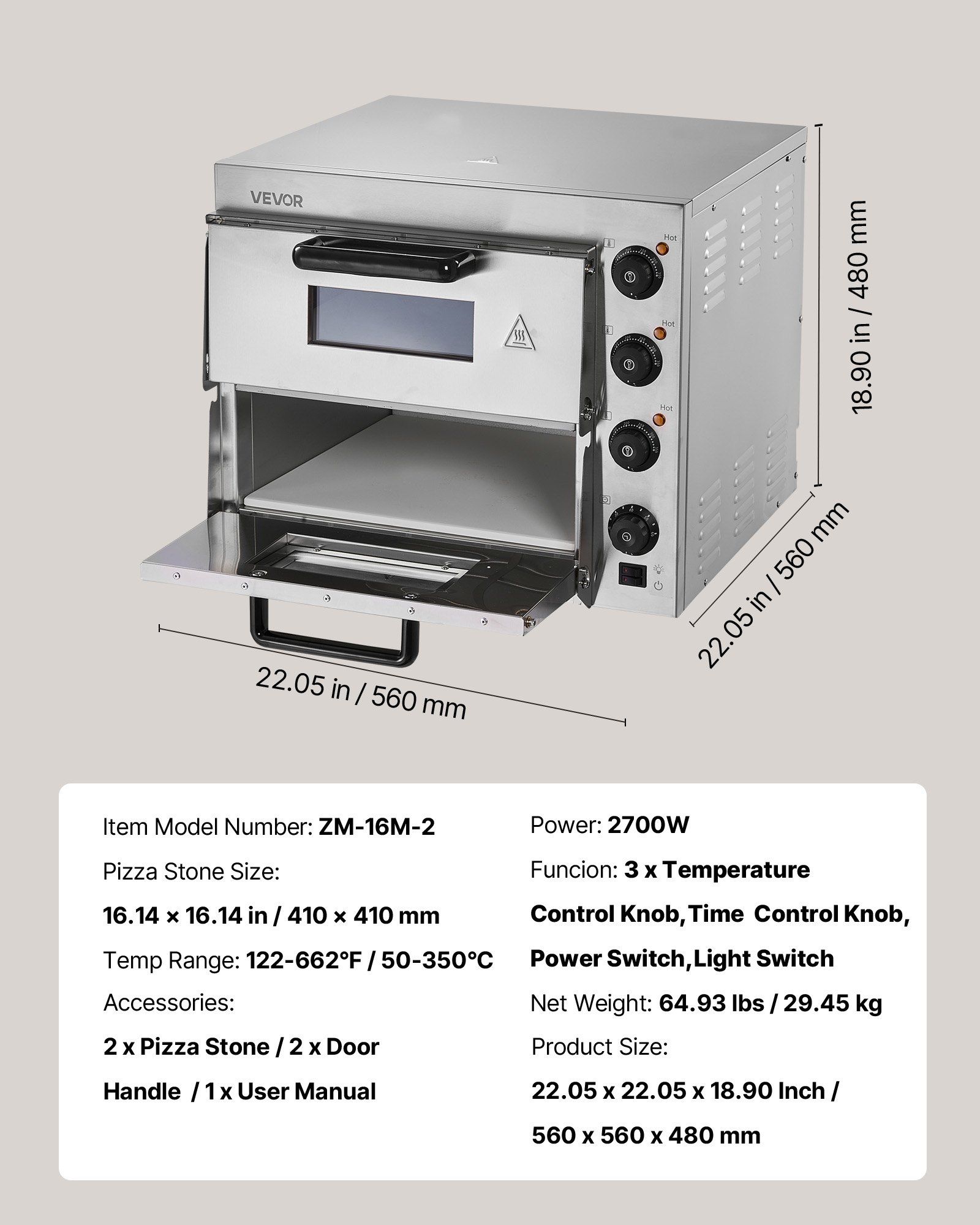 Commercial Pizza Oven Countertop, 16-Inch Double Deck Layers, Stainless Steel Electric Pizza Oven with Stone and Handle, Multipurpose Indoor Pizza Maker for Restaurant Home Pretzels Baked - Image 7