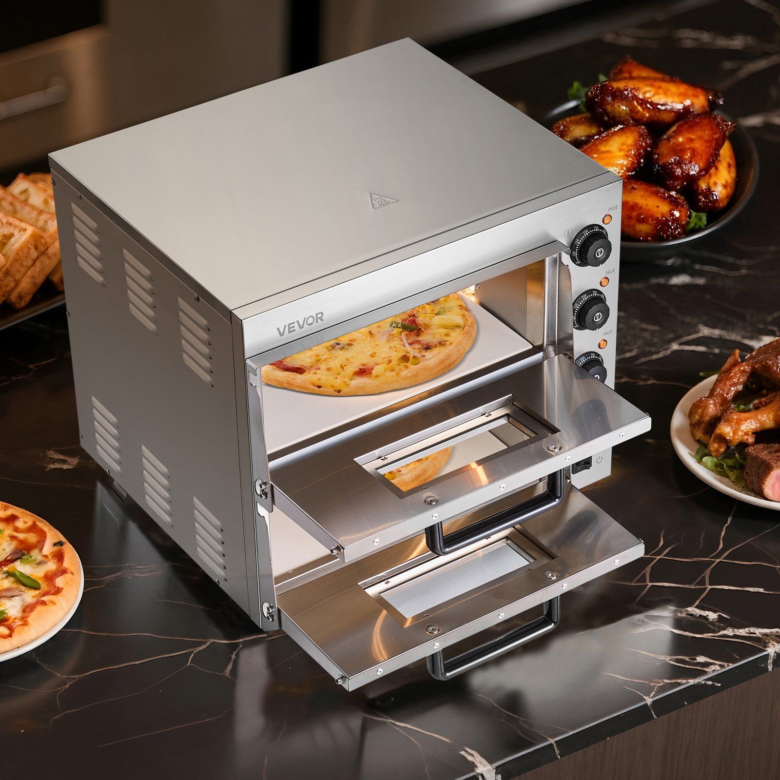 Commercial Pizza Oven Countertop, 16-Inch Double Deck Layers, Stainless Steel Electric Pizza Oven with Stone and Handle, Multipurpose Indoor Pizza Maker for Restaurant Home Pretzels Baked - Image 8